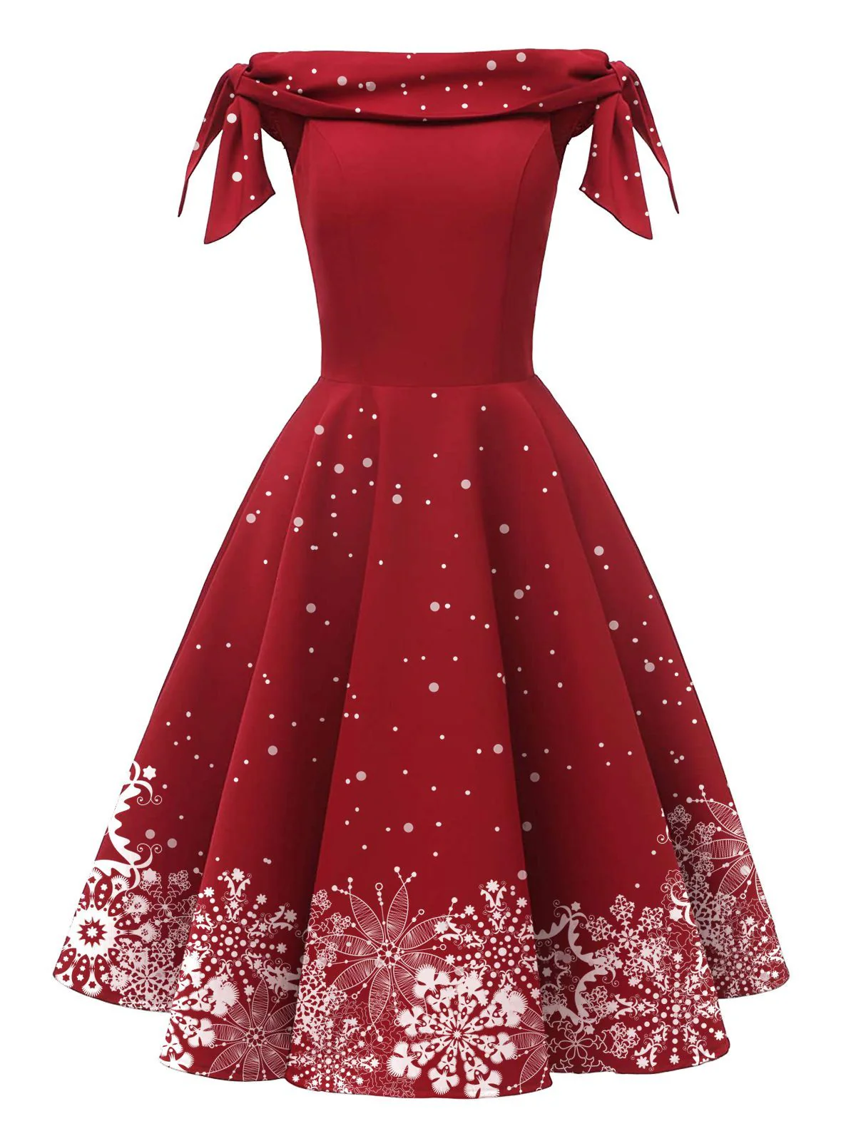 Rot 1950er Weihnachten Schulterfrei Schneeflocke Kleid - Image 3