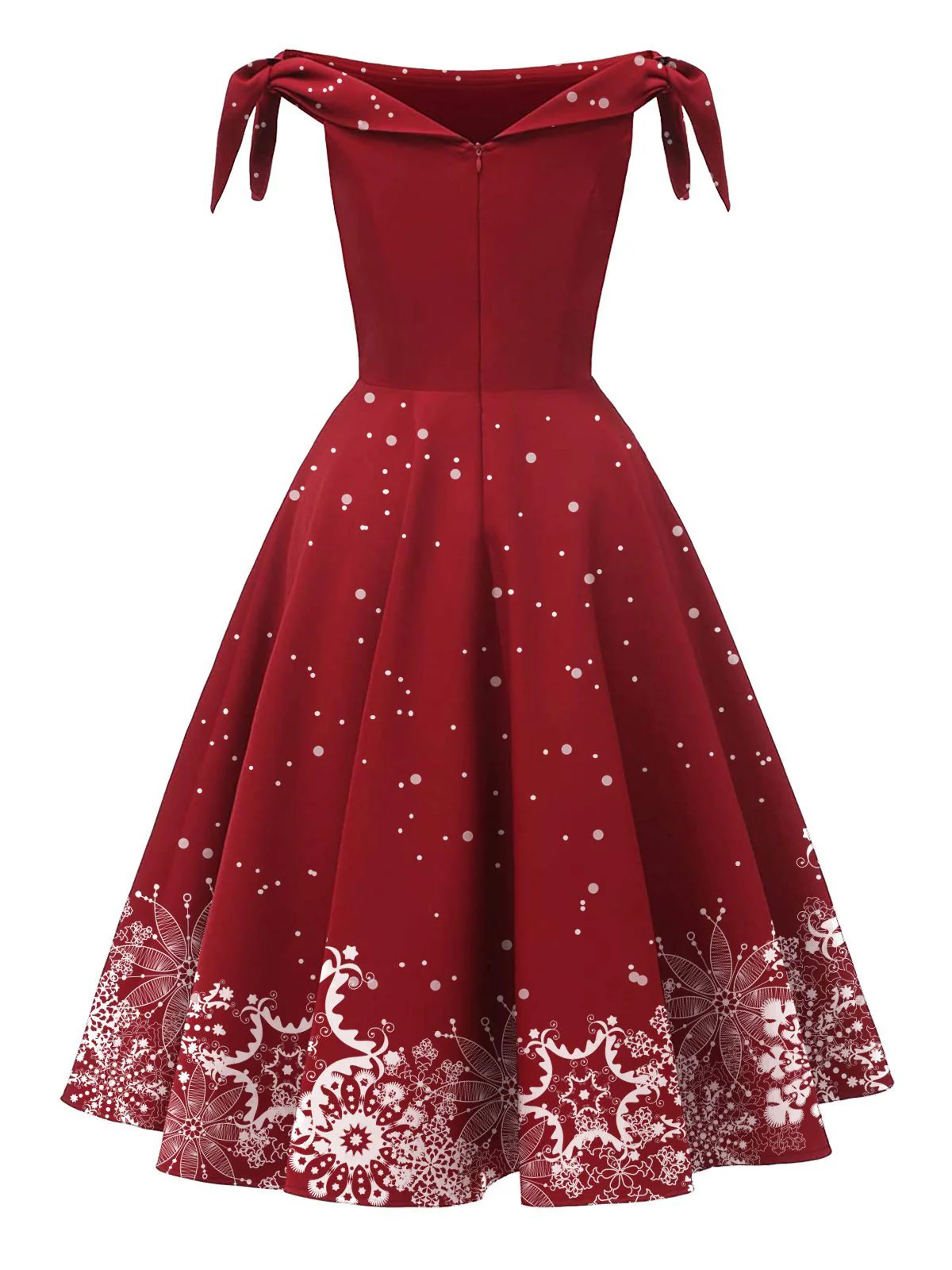Rot 1950er Weihnachten Schulterfrei Schneeflocke Kleid - Image 4