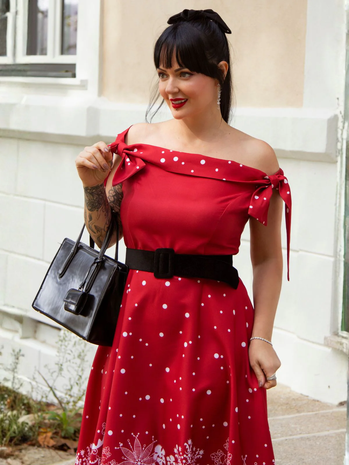 Rot 1950er Weihnachten Schulterfrei Schneeflocke Kleid - Image 2