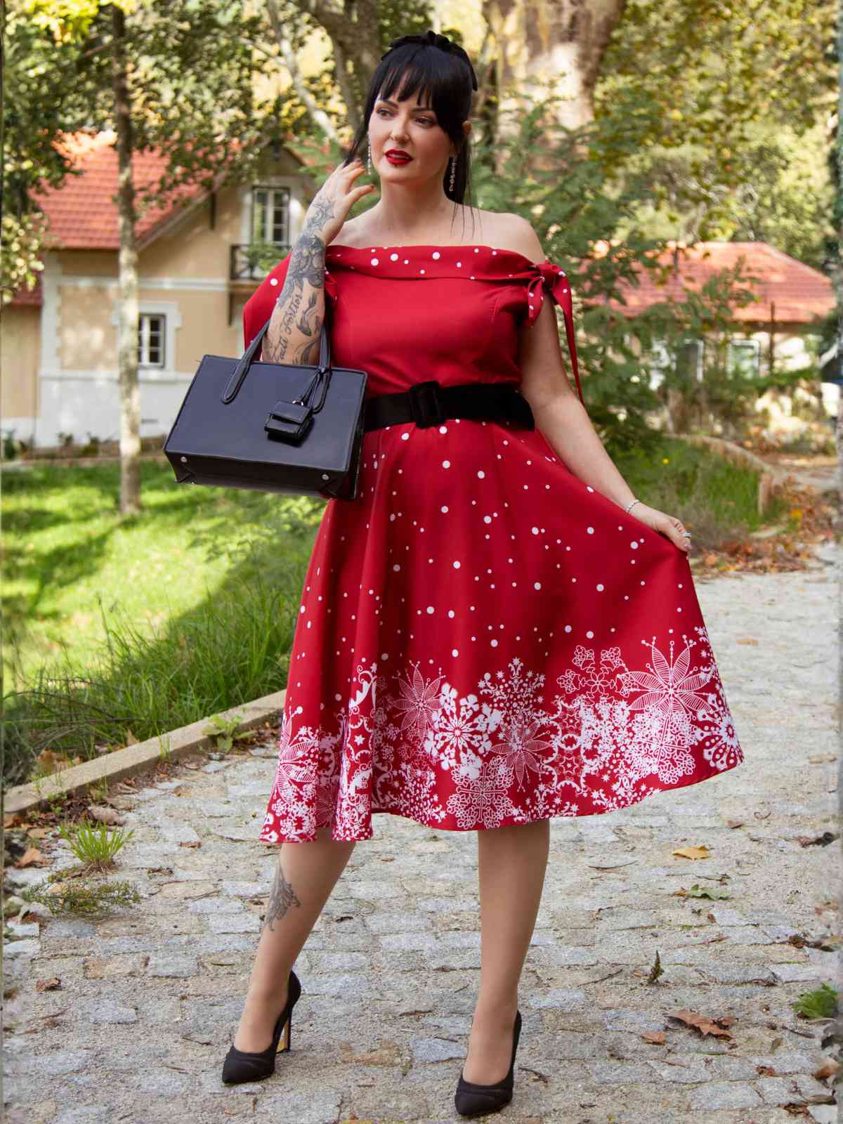 Rot 1950er Weihnachten Schulterfrei Schneeflocke Kleid - Image 3