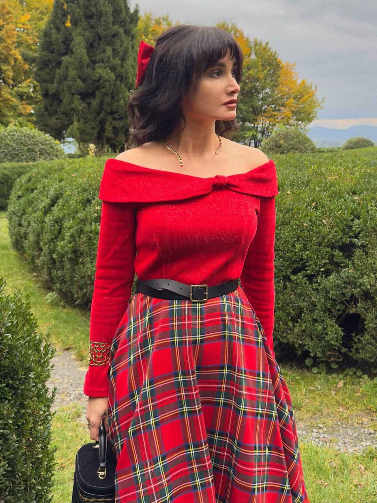 Rot 1950er Weihnachten Schulterfrei Tartan Kleid - Image 2