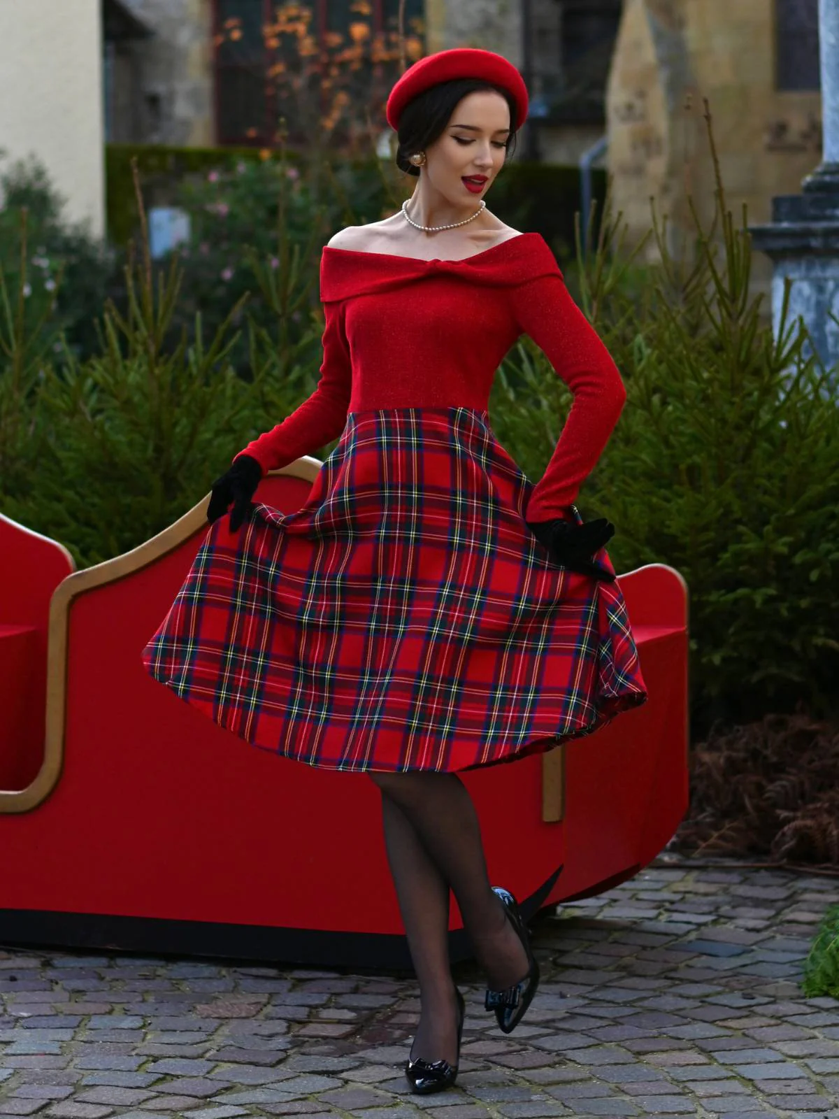 Rot 1950er Weihnachten Schulterfrei Tartan Kleid - Image 2