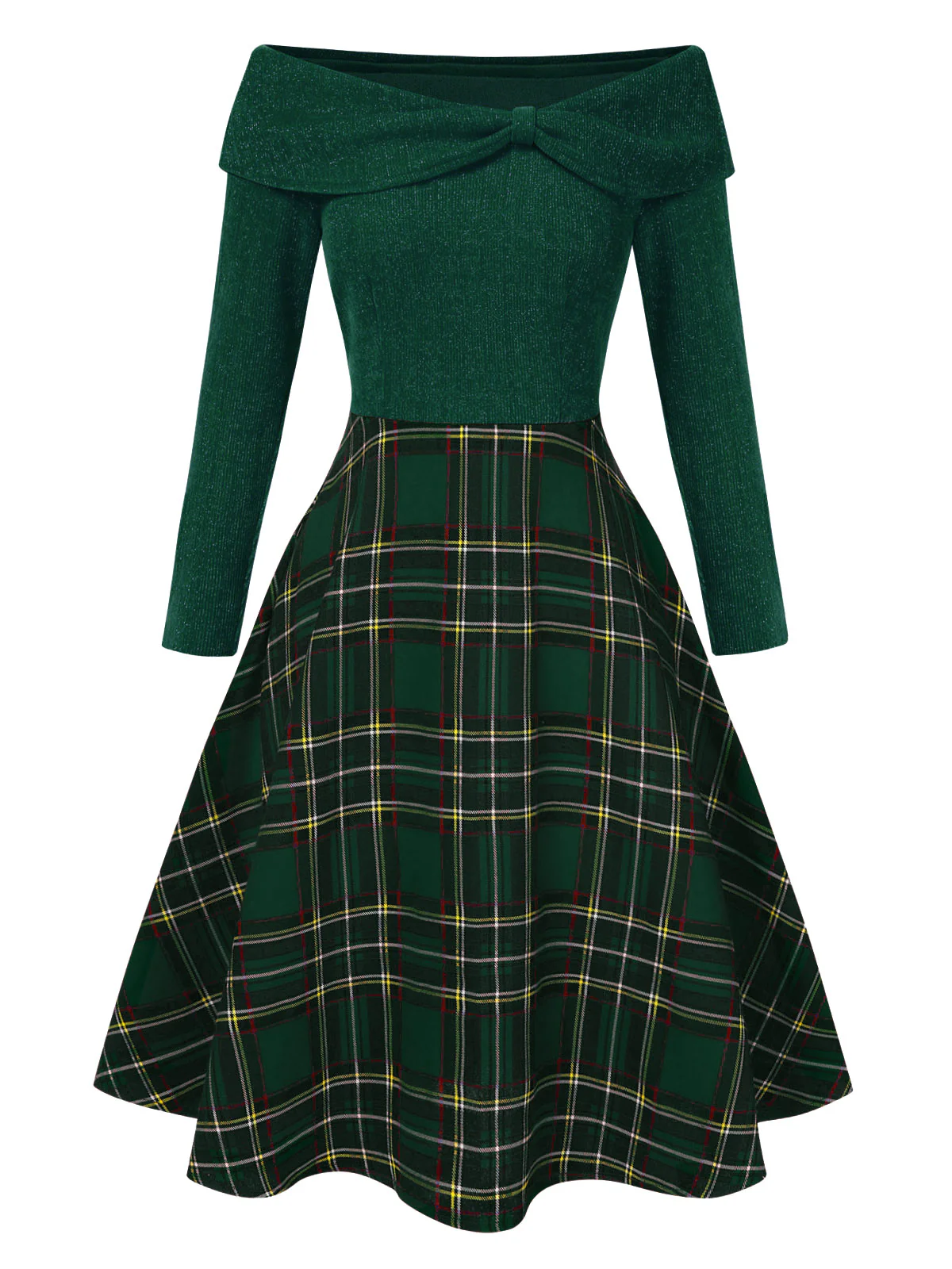 Grün 1950er Weihnachten Schulterfrei Tartan Kleid - Image 3