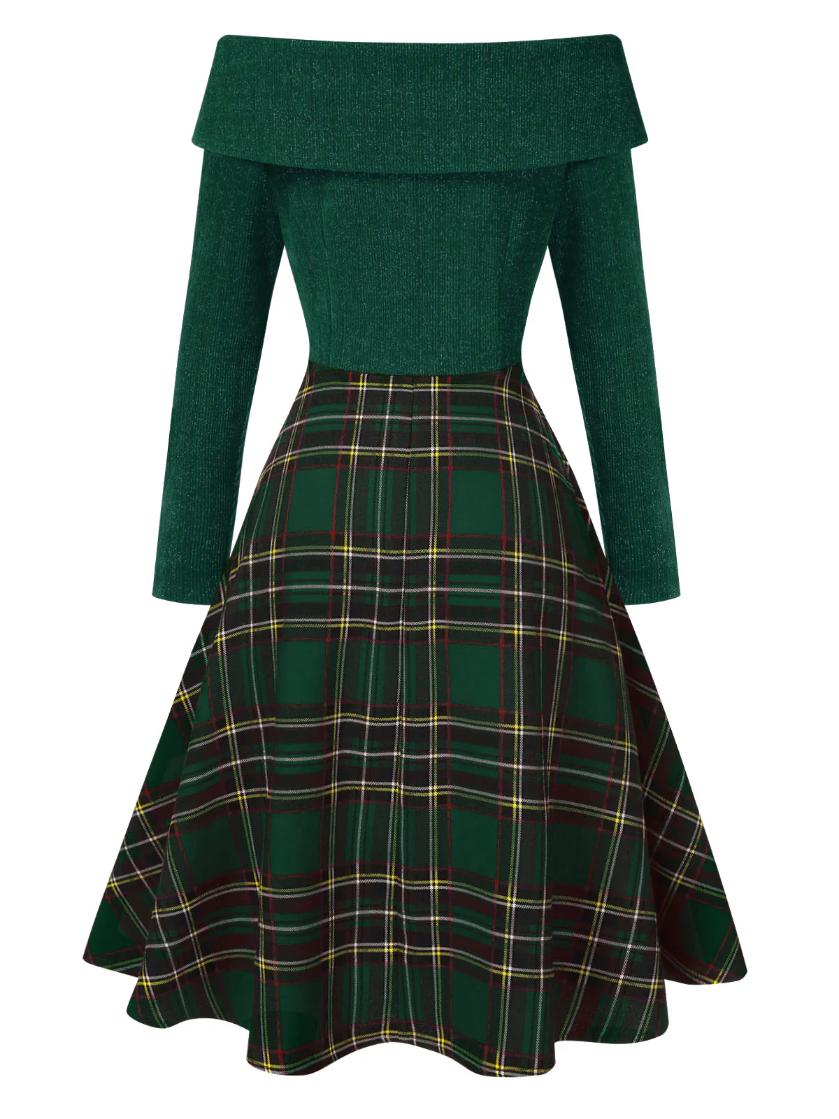 Grün 1950er Weihnachten Schulterfrei Tartan Kleid - Image 4