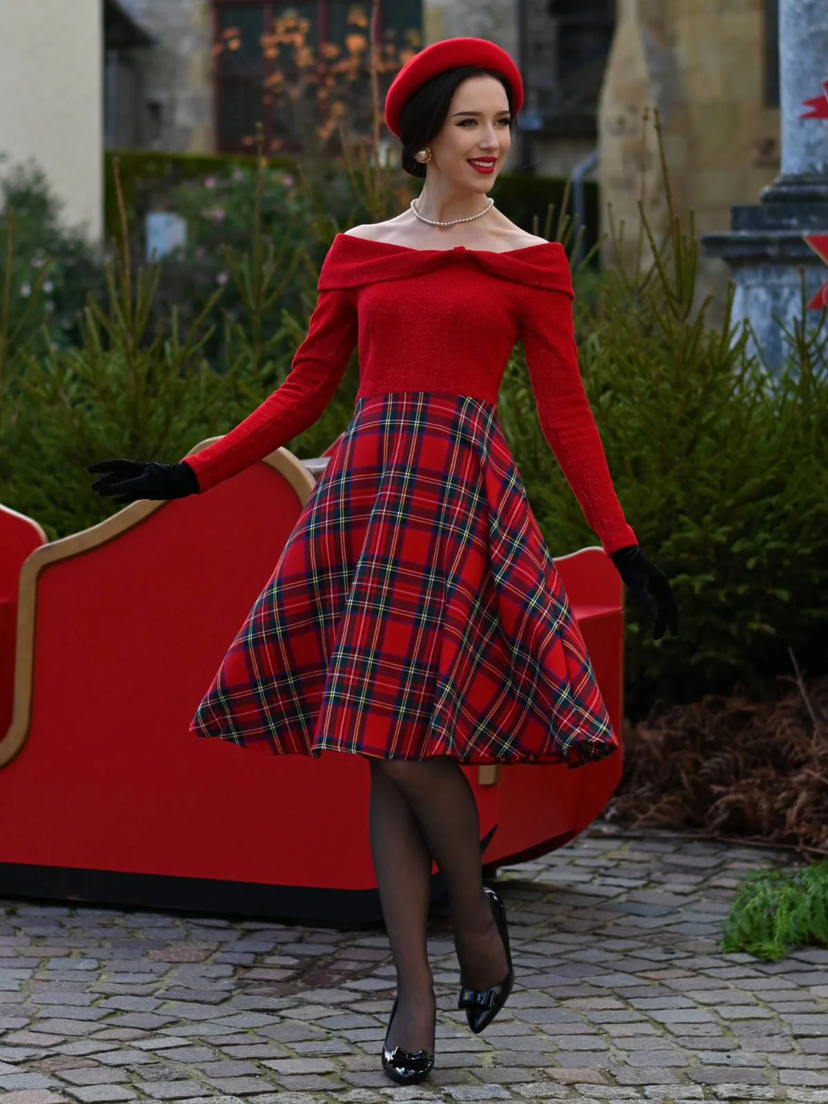 Rot 1950er Weihnachten Schulterfrei Tartan Kleid - Image 2