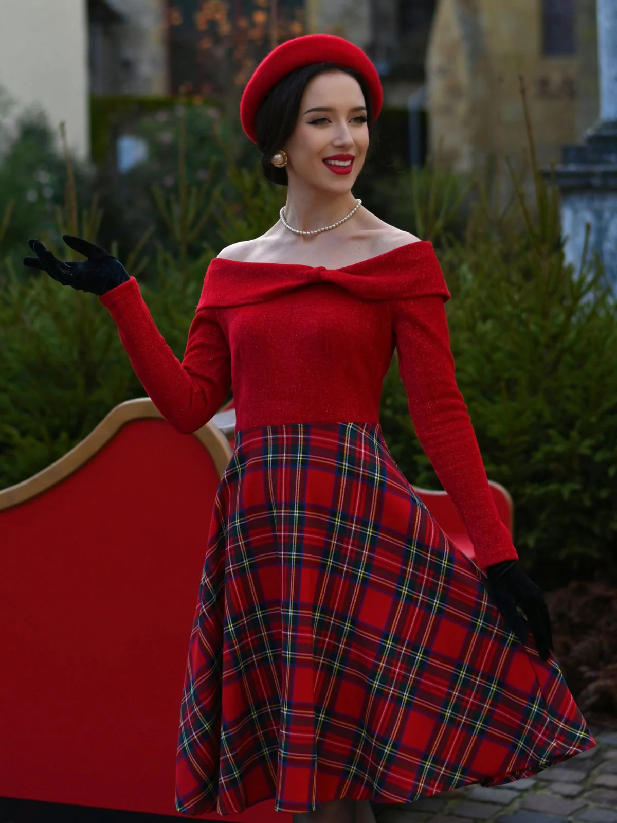 Rot 1950er Weihnachten Schulterfrei Tartan Kleid - Image 3