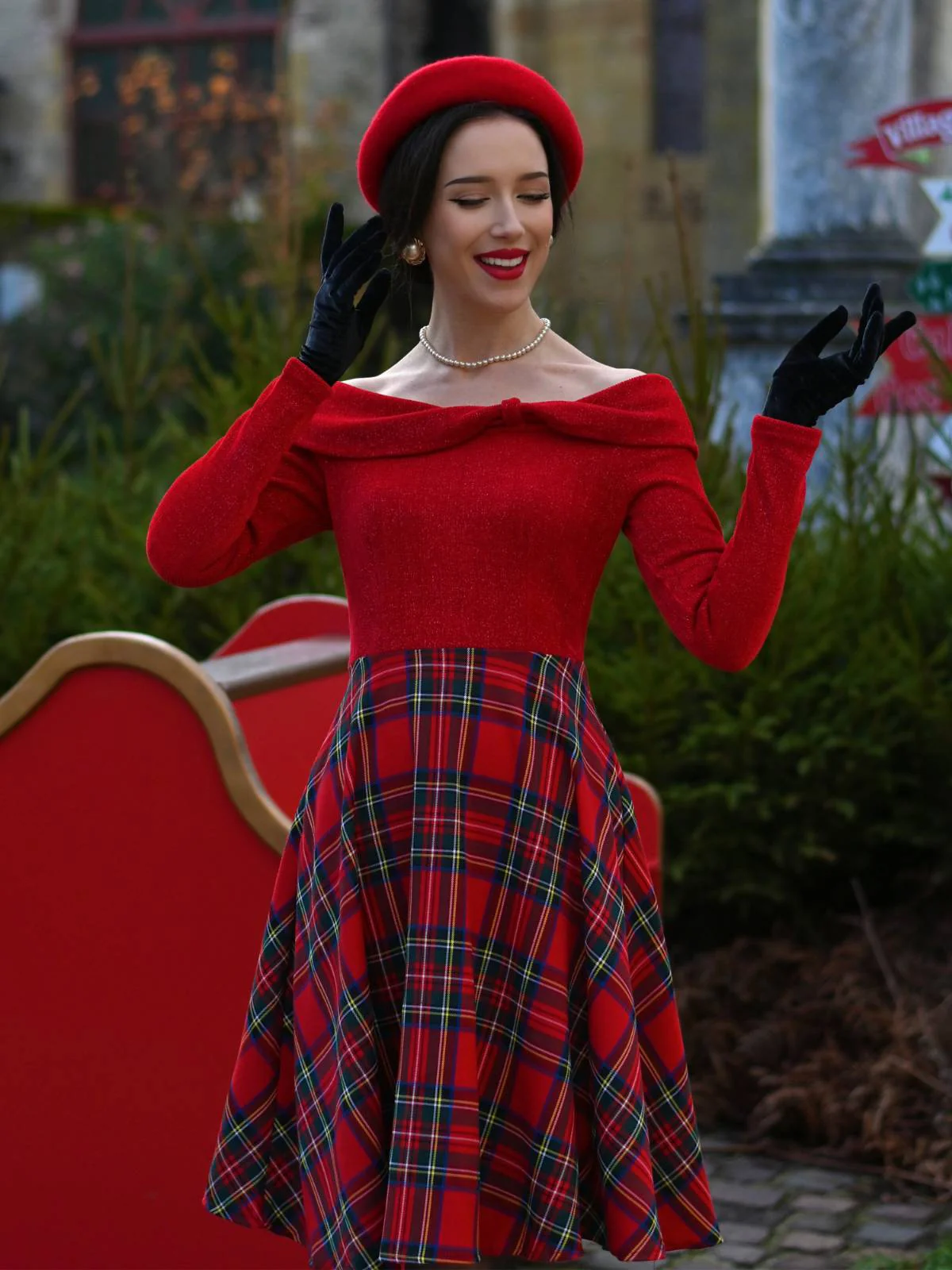 Rot 1950er Weihnachten Schulterfrei Tartan Kleid - Image 4