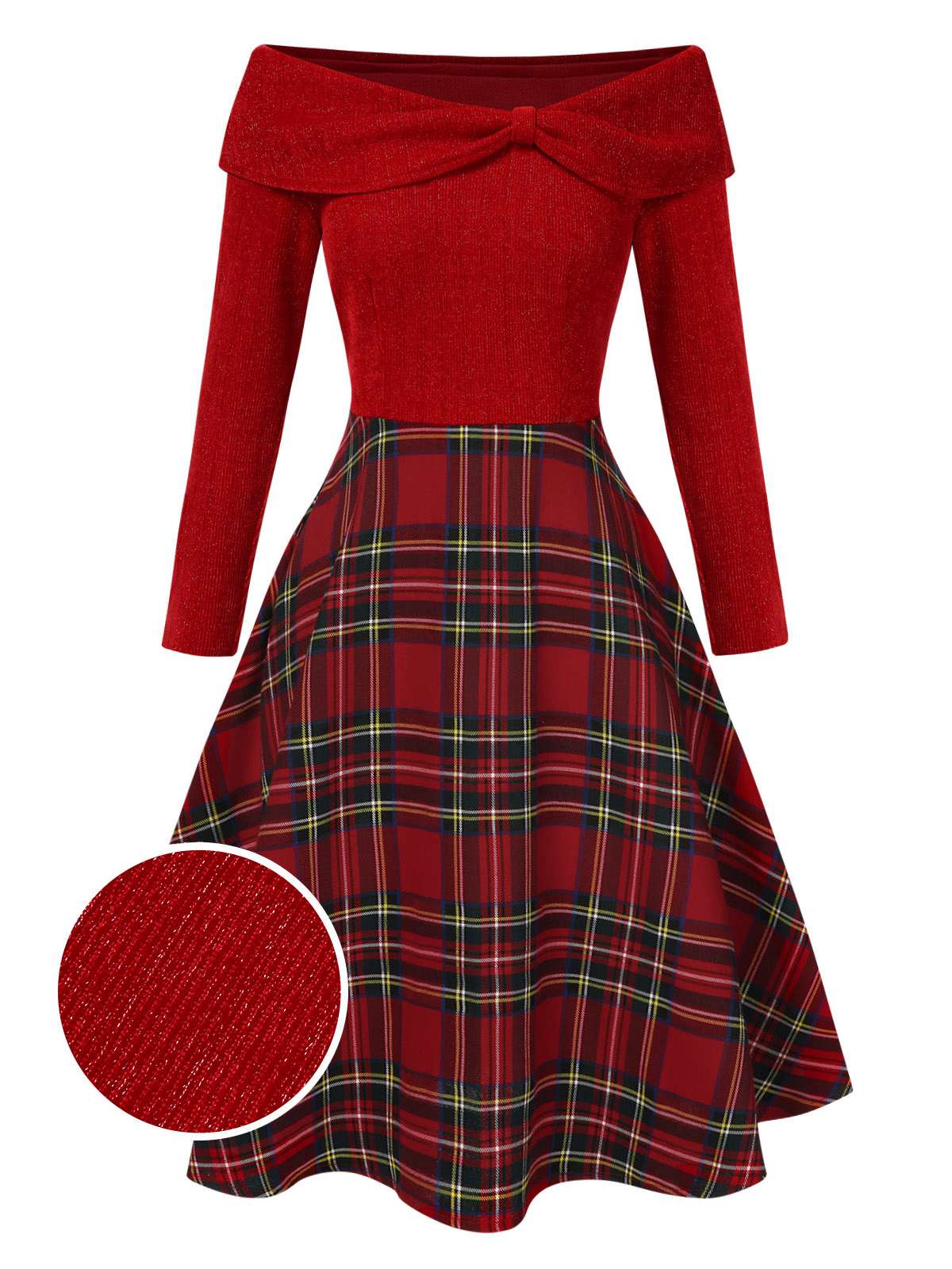Grün 1950er Weihnachten Schulterfrei Tartan Kleid - Image 5