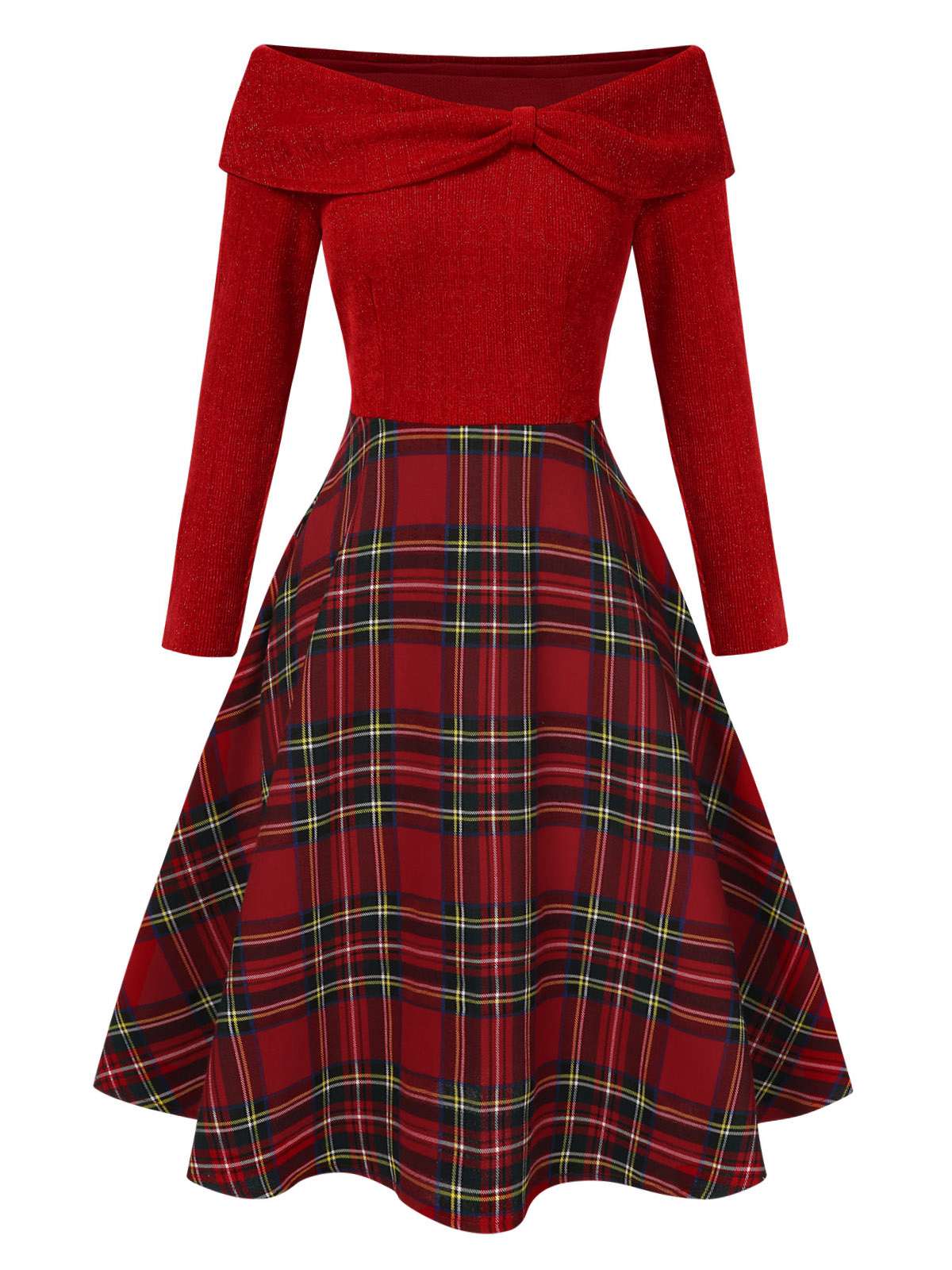 Grün 1950er Weihnachten Schulterfrei Tartan Kleid - Image 6
