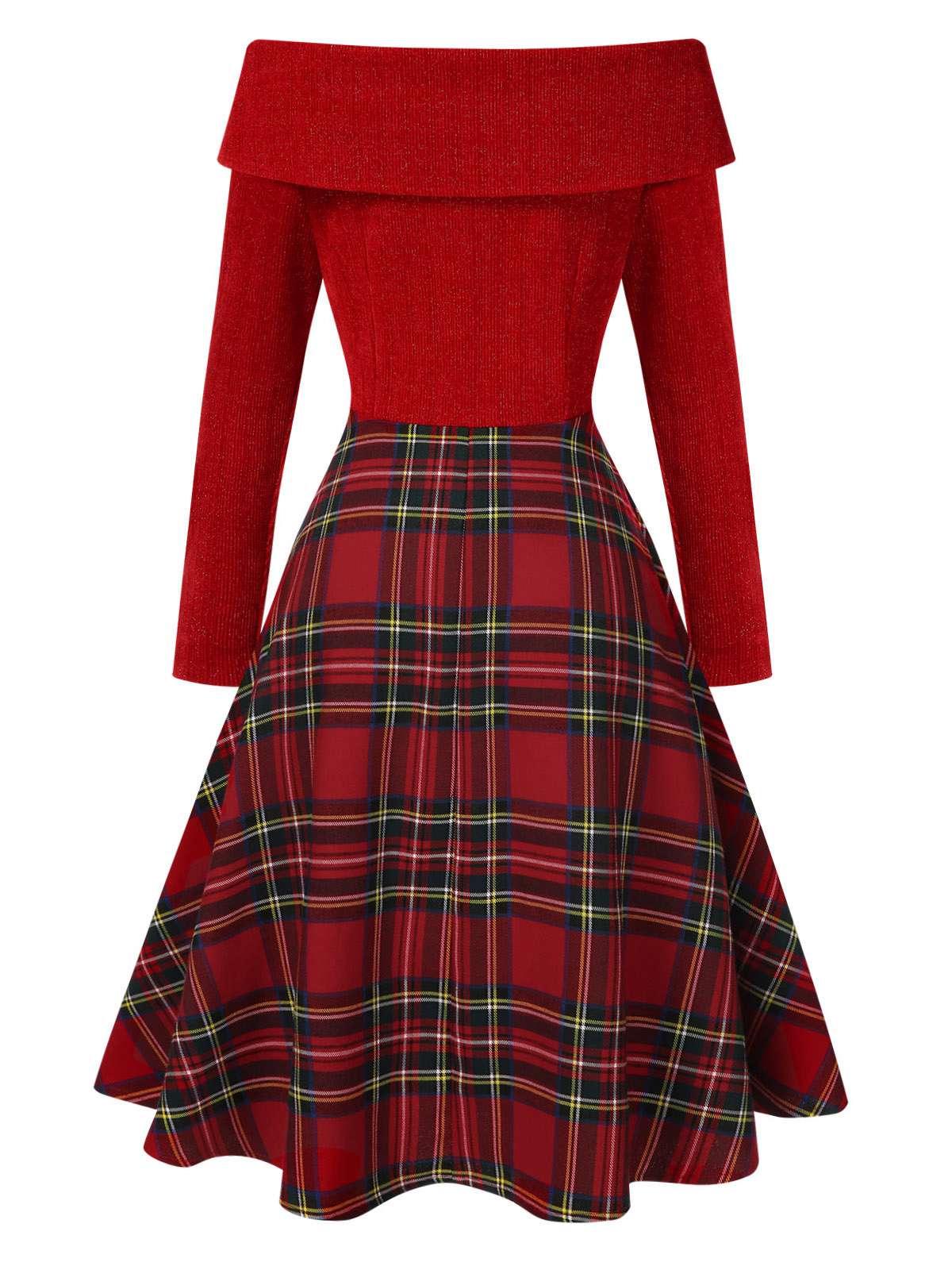 Grün 1950er Weihnachten Schulterfrei Tartan Kleid - Image 7