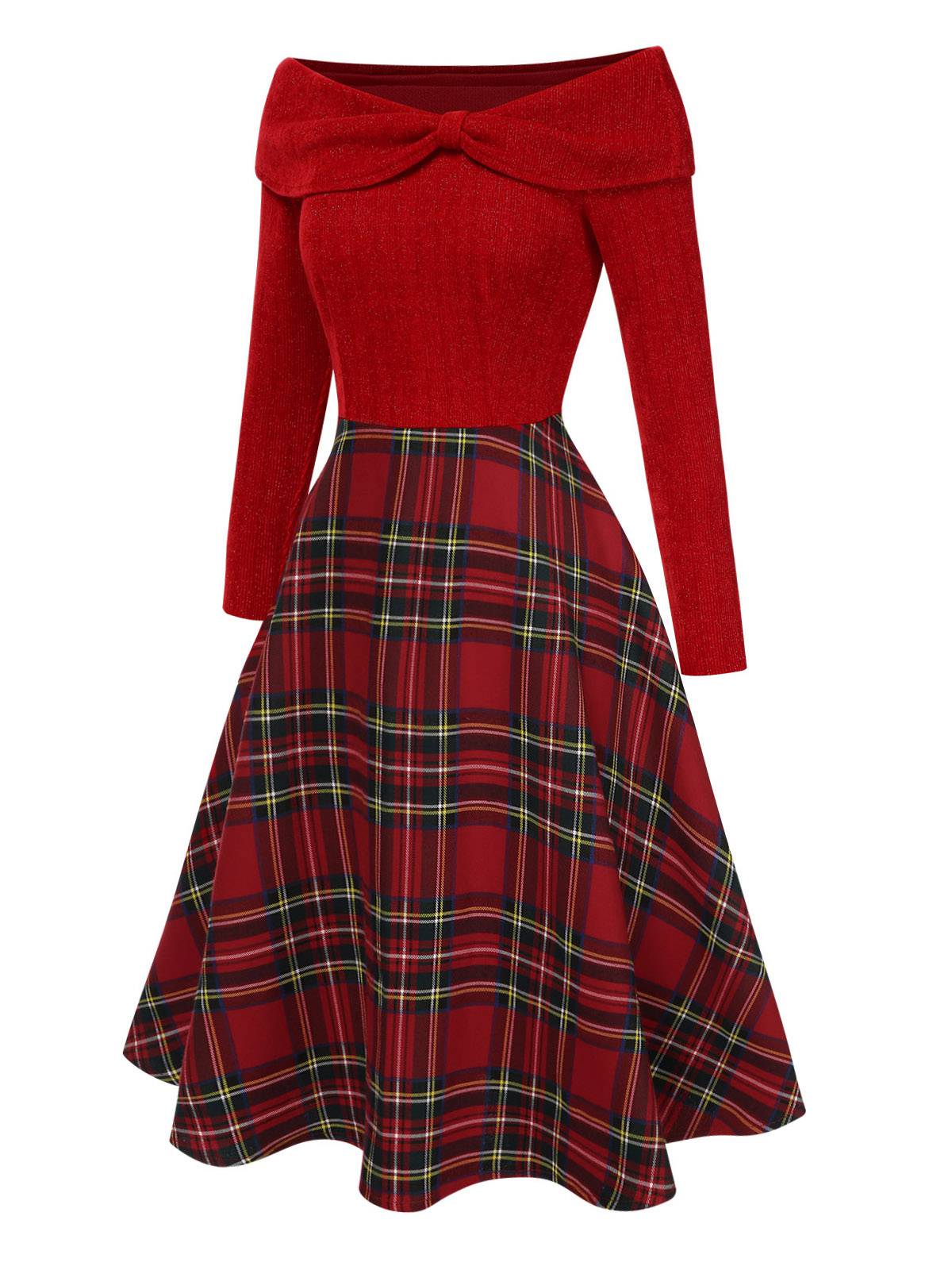Grün 1950er Weihnachten Schulterfrei Tartan Kleid - Image 8