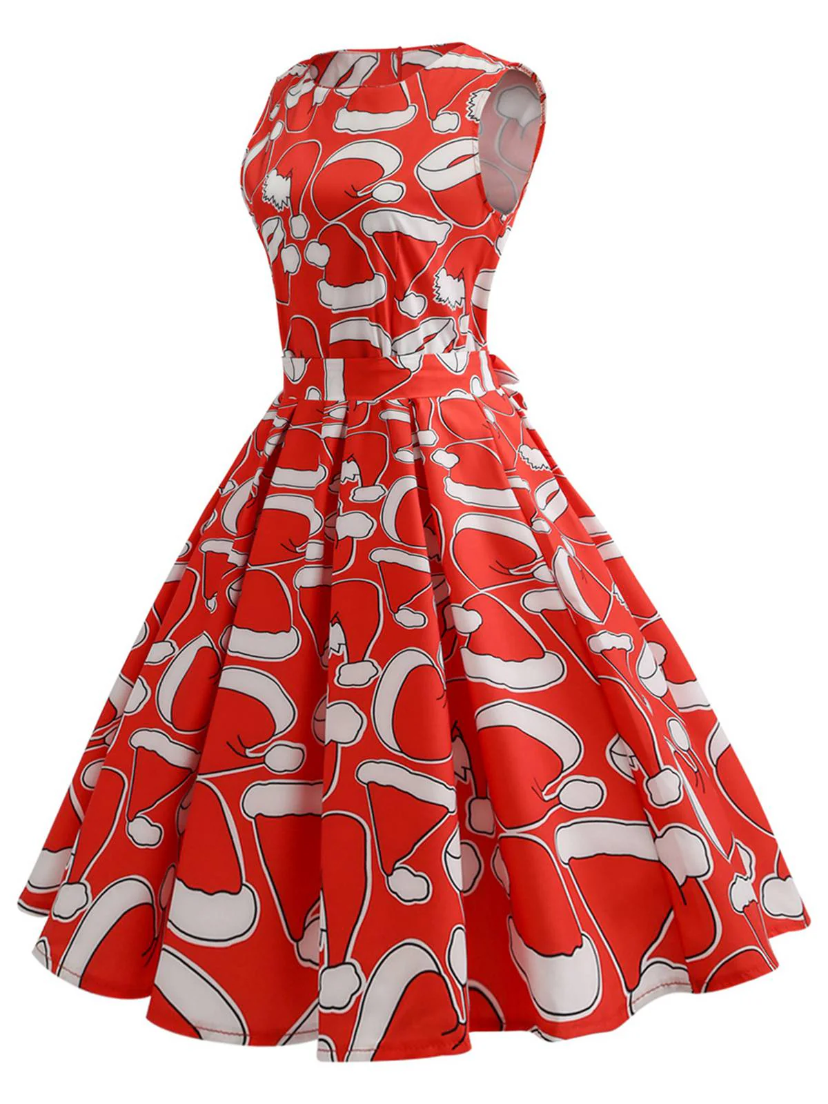 Rot 1950er Weihnachtsmütze Ärmellos Swing Kleid - Image 2