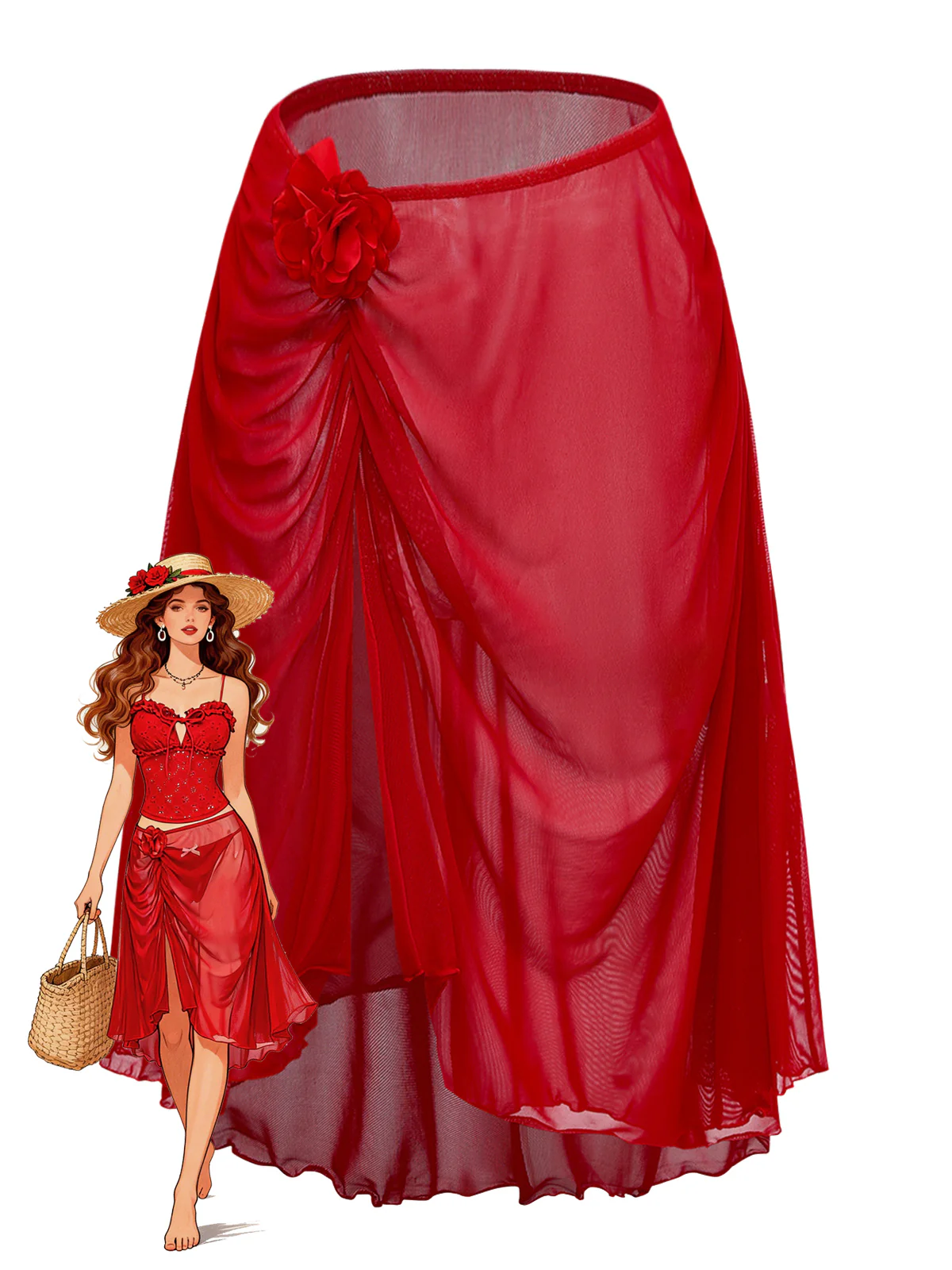 Rot 1960er 3D Blumen Netz Asymmetrisch Cover-Up