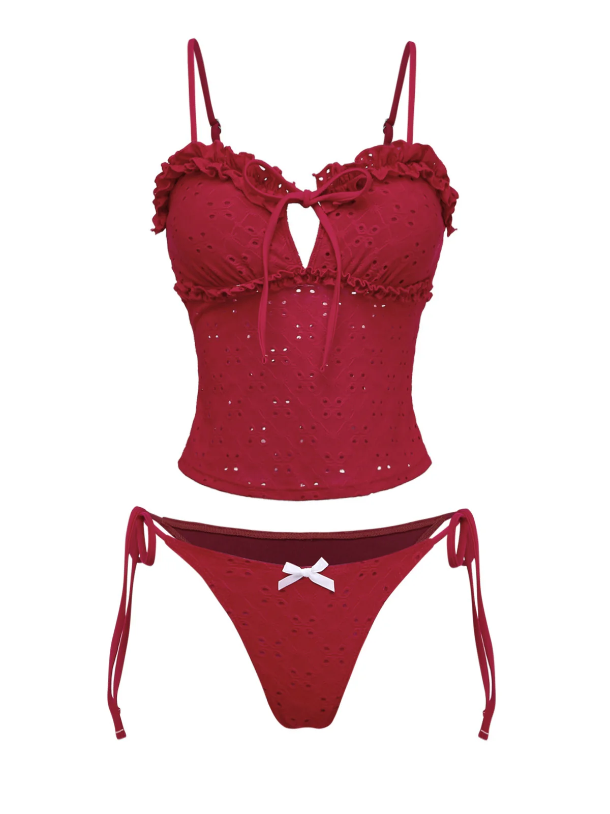Rot 1960er Bestickt Cutout Rüschen Tankini Set - Image 2