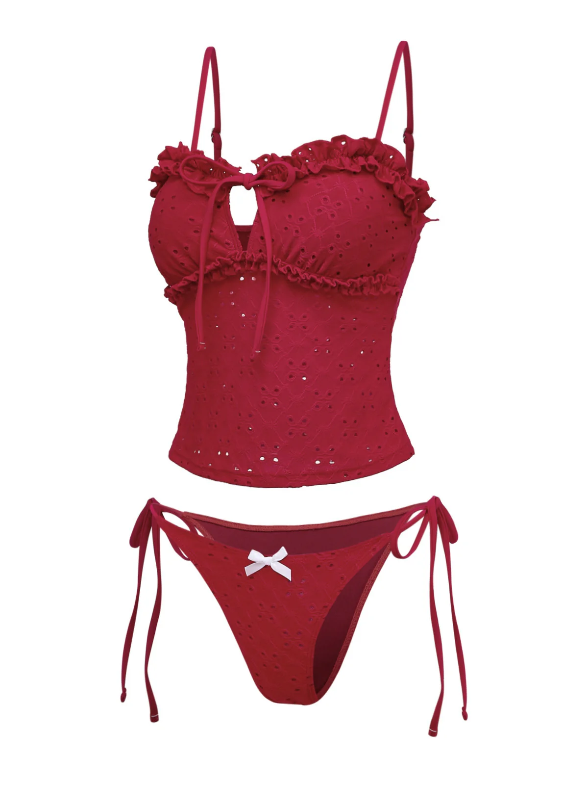 Rot 1960er Bestickt Cutout Rüschen Tankini Set - Image 3