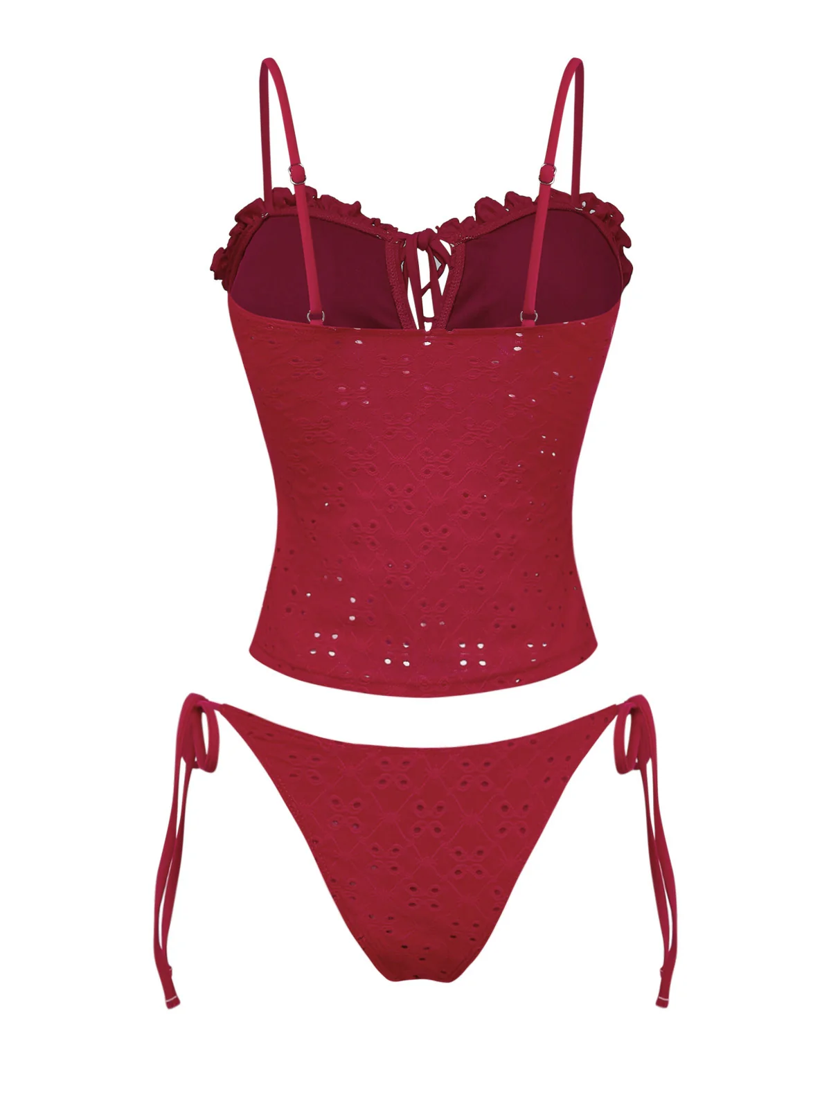 Rot 1960er Bestickt Cutout Rüschen Tankini Set - Image 4