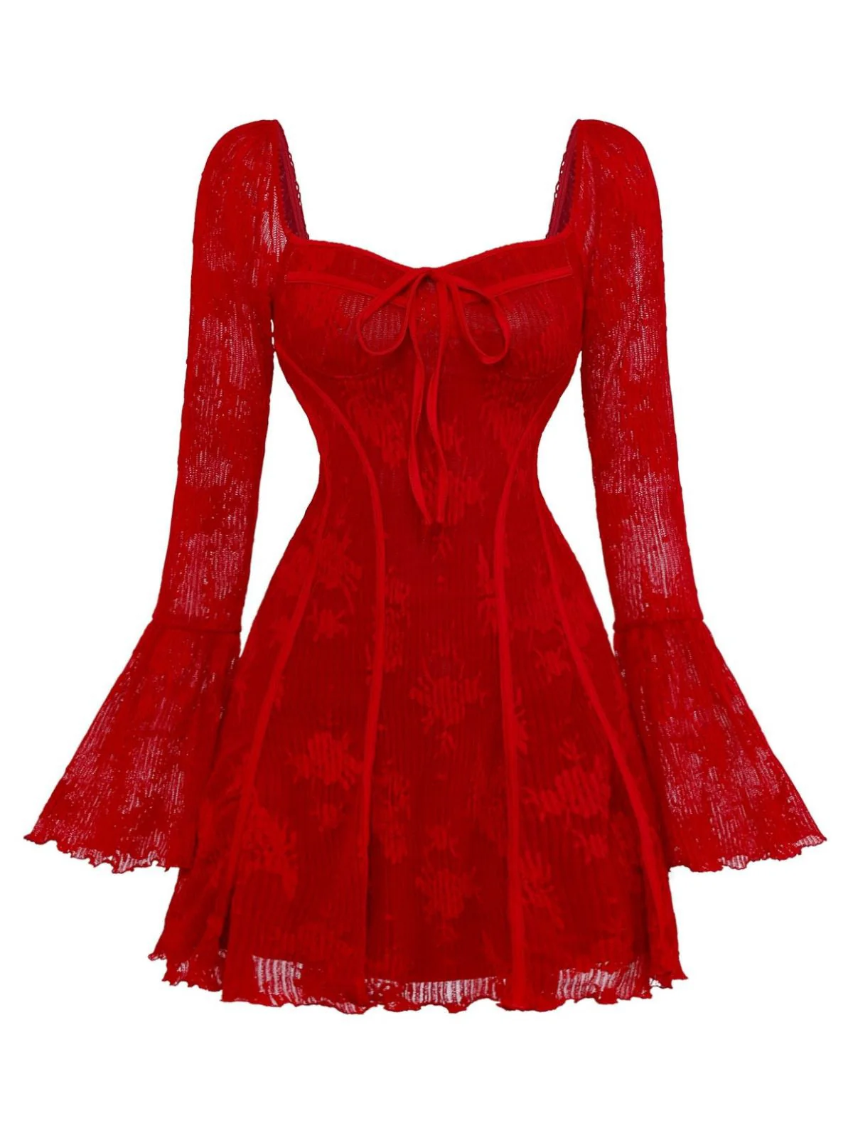 Rot 1960er Blumen Bogen Glockenärmel Gestrickt Kleid - Image 2