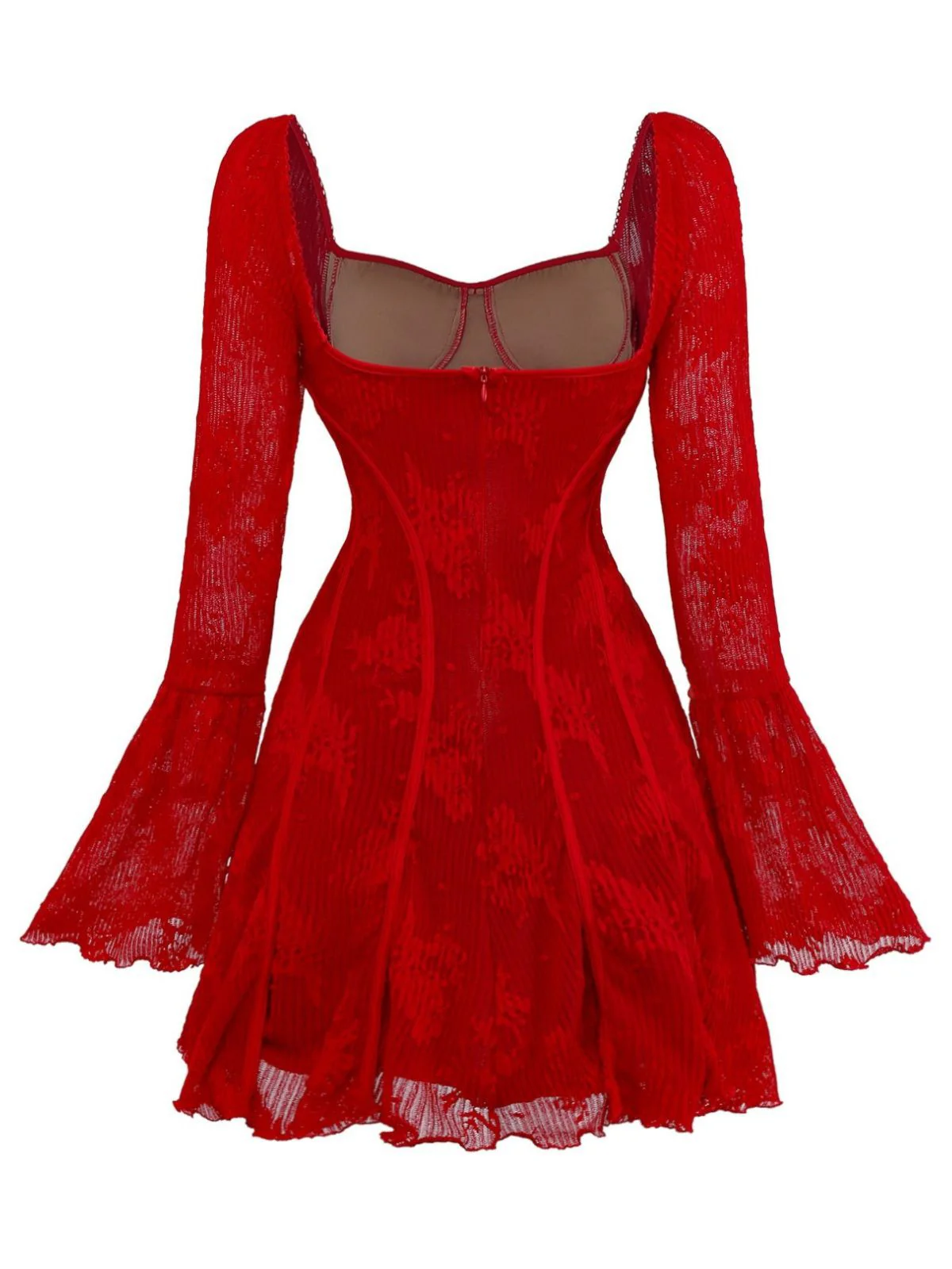Rot 1960er Blumen Bogen Glockenärmel Gestrickt Kleid - Image 3
