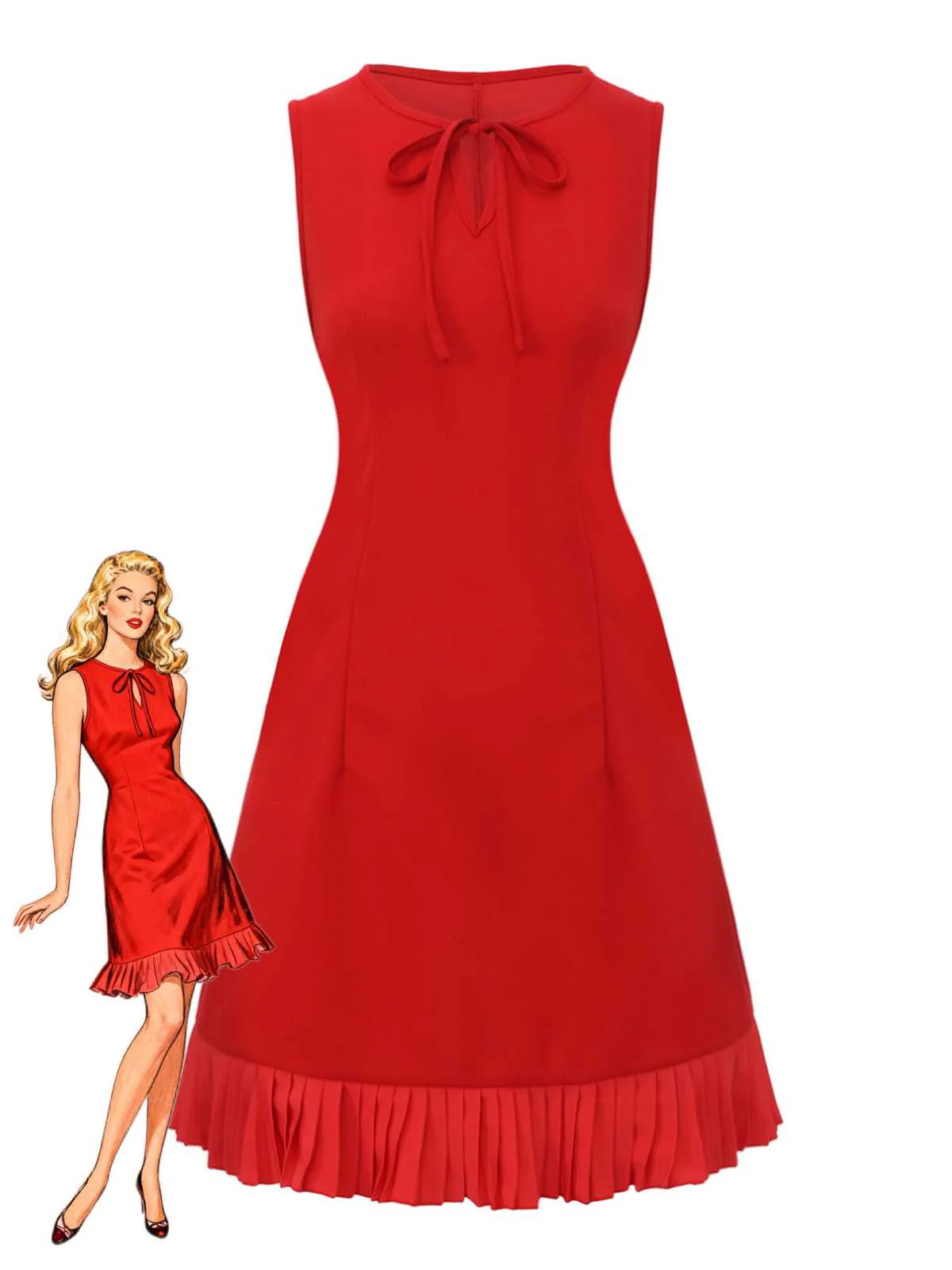 Rot 1960er Bogen Hals Rüsche Saum Ärmellos Kleid