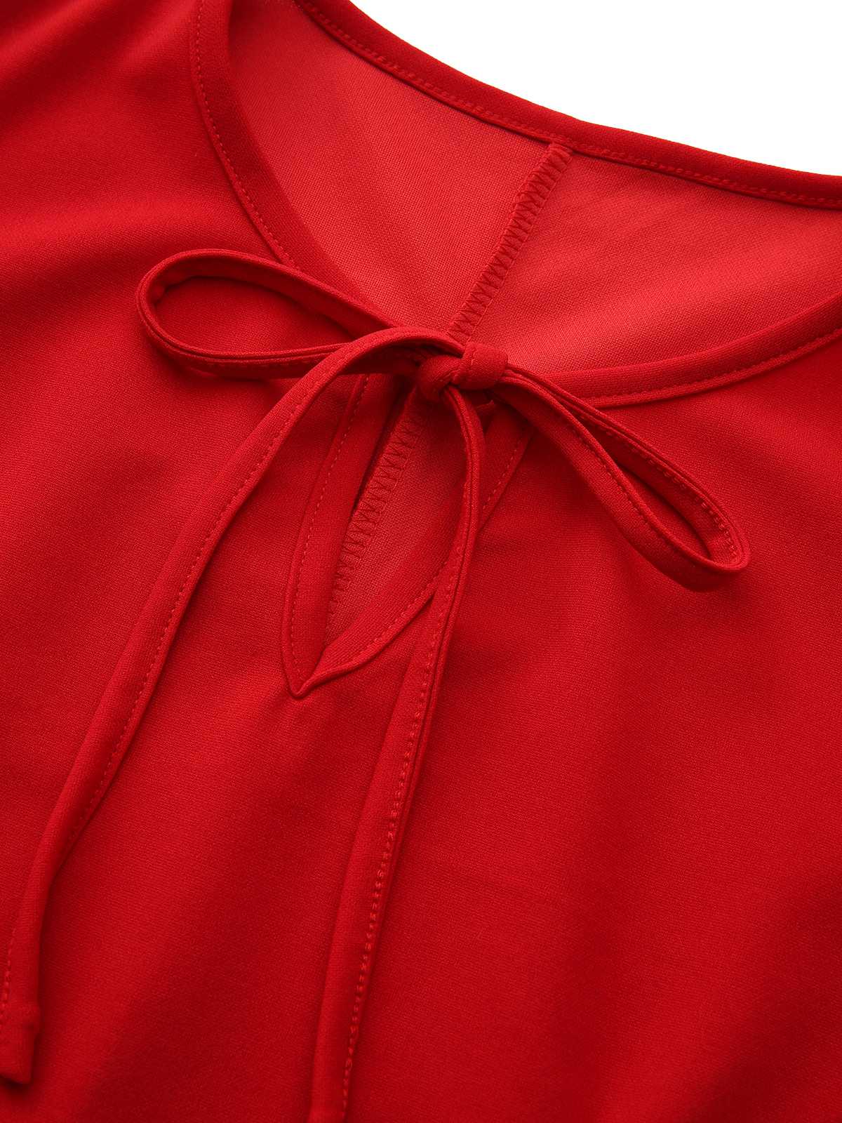 Rot 1960er Bogen Hals Rüsche Saum Ärmellos Kleid - Image 4