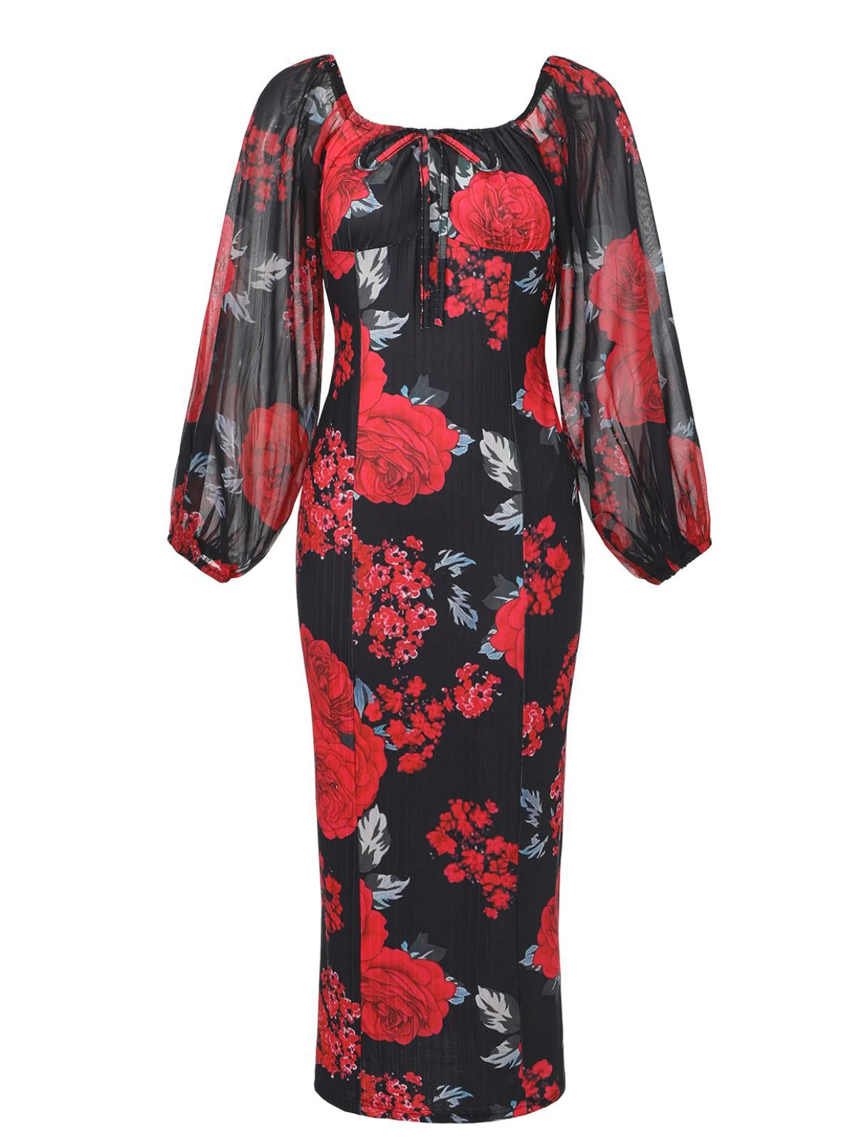 Rot 1960er Französisch Tee Blumen Schulterfrei Enges Kleid - Image 2