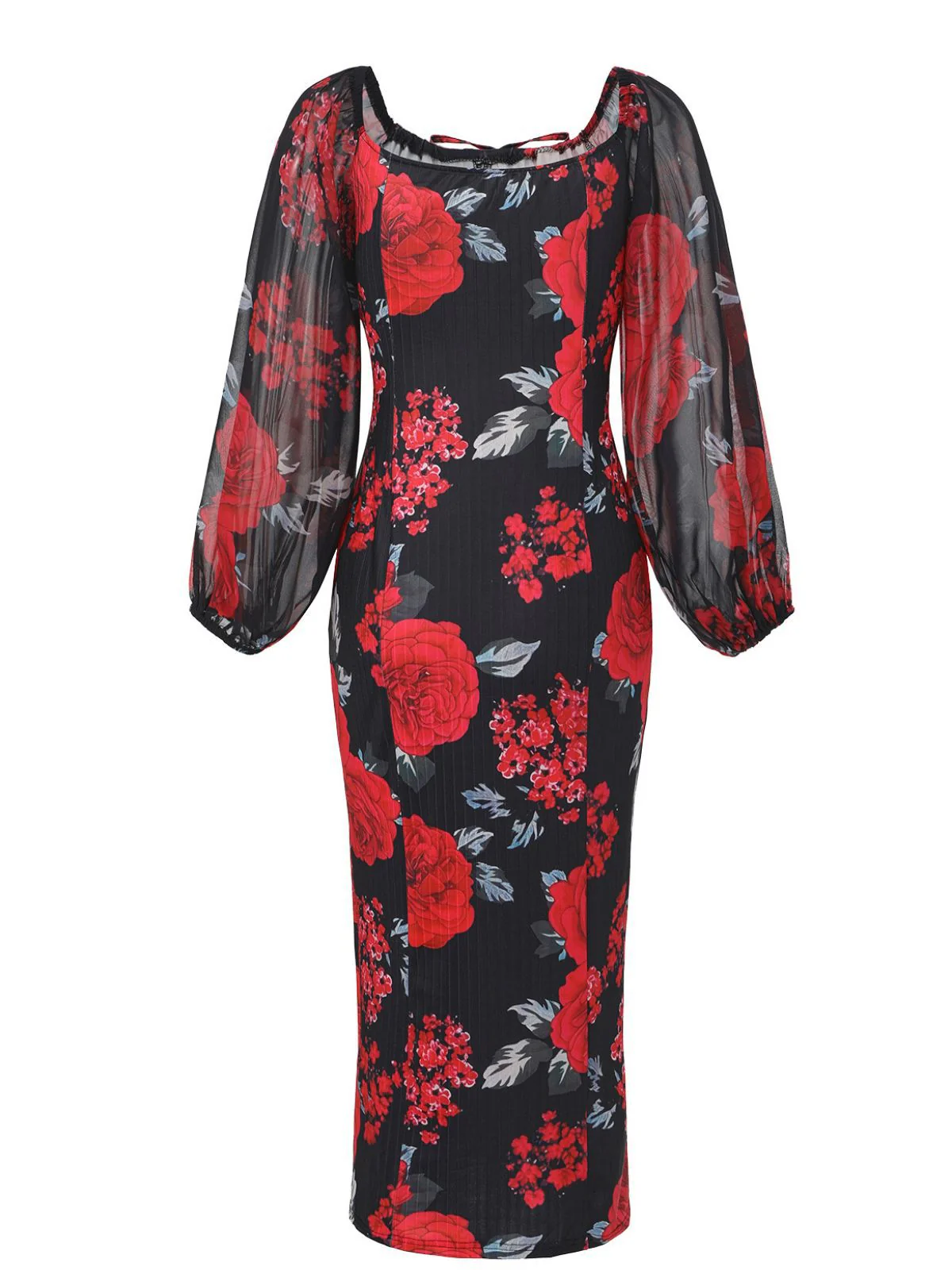 Rot 1960er Französisch Tee Blumen Schulterfrei Enges Kleid - Image 3