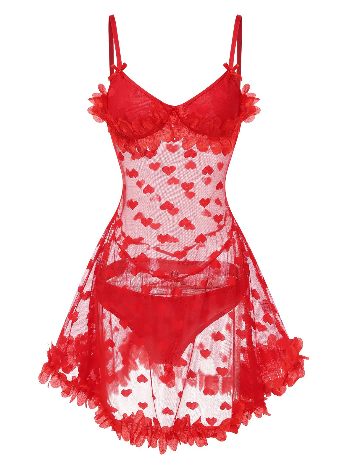 Rot 1960er Herz Netz Blumen Rand Nachthemd - Image 3