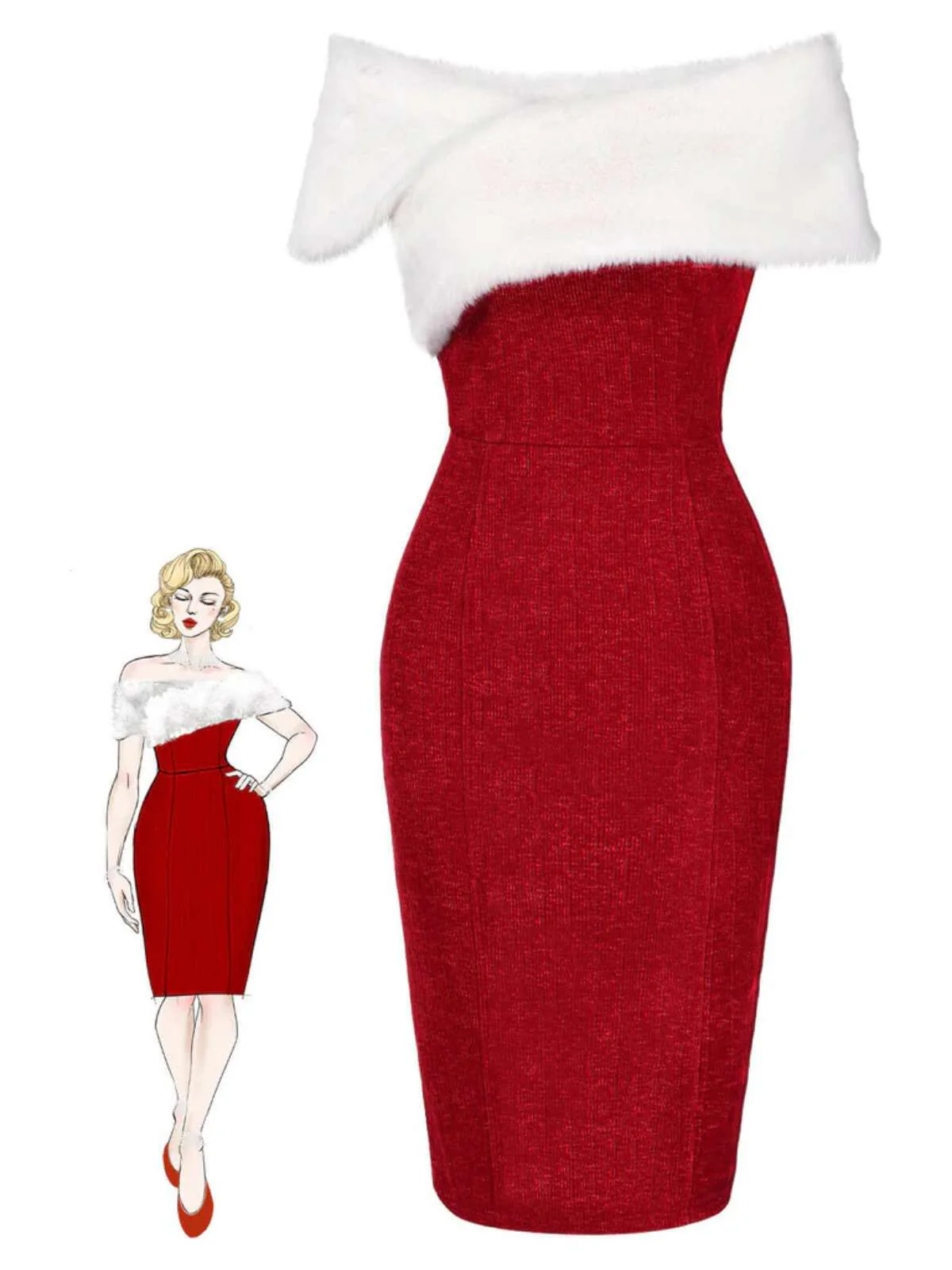 Rot 1960er Kunstpelz Schulterfrei Kleid - Image 3