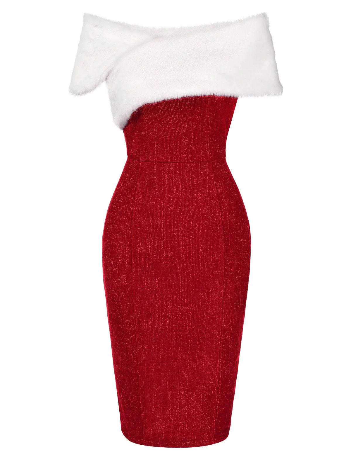 Rot 1960er Kunstpelz Schulterfrei Kleid - Image 4
