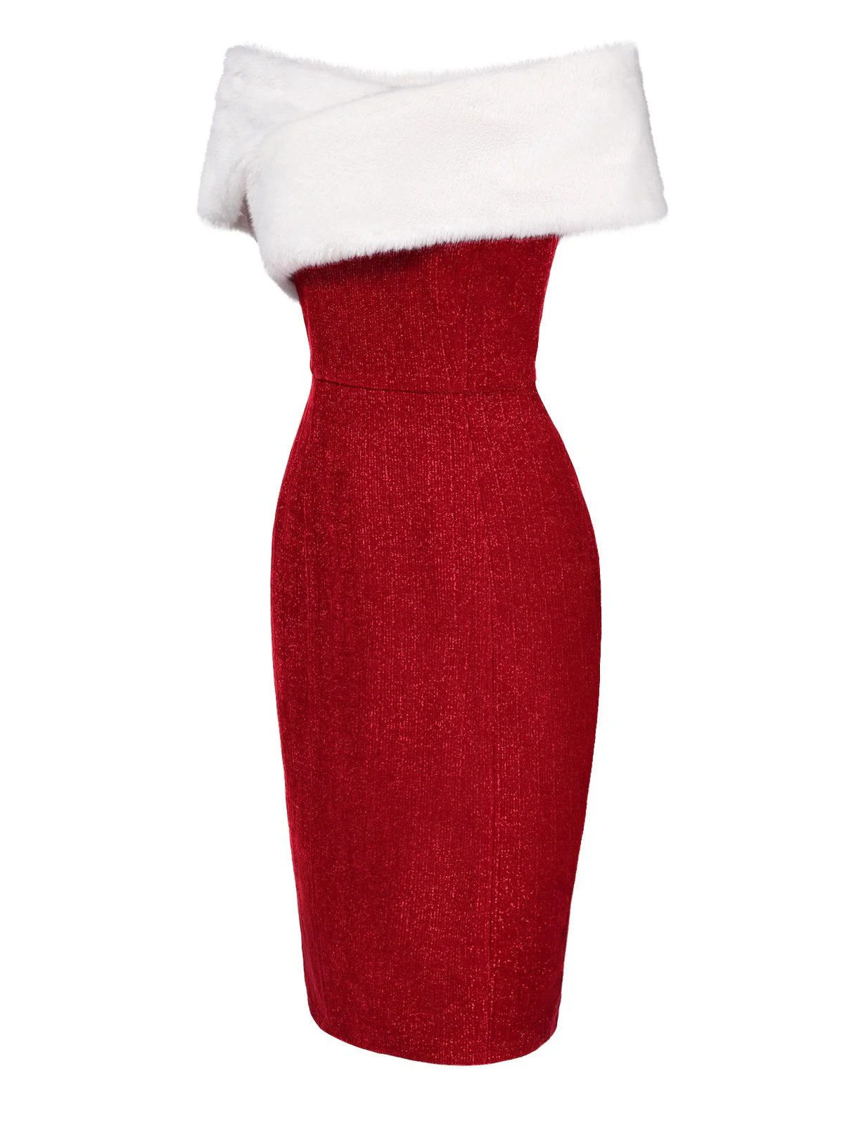Rot 1960er Kunstpelz Schulterfrei Kleid - Image 5