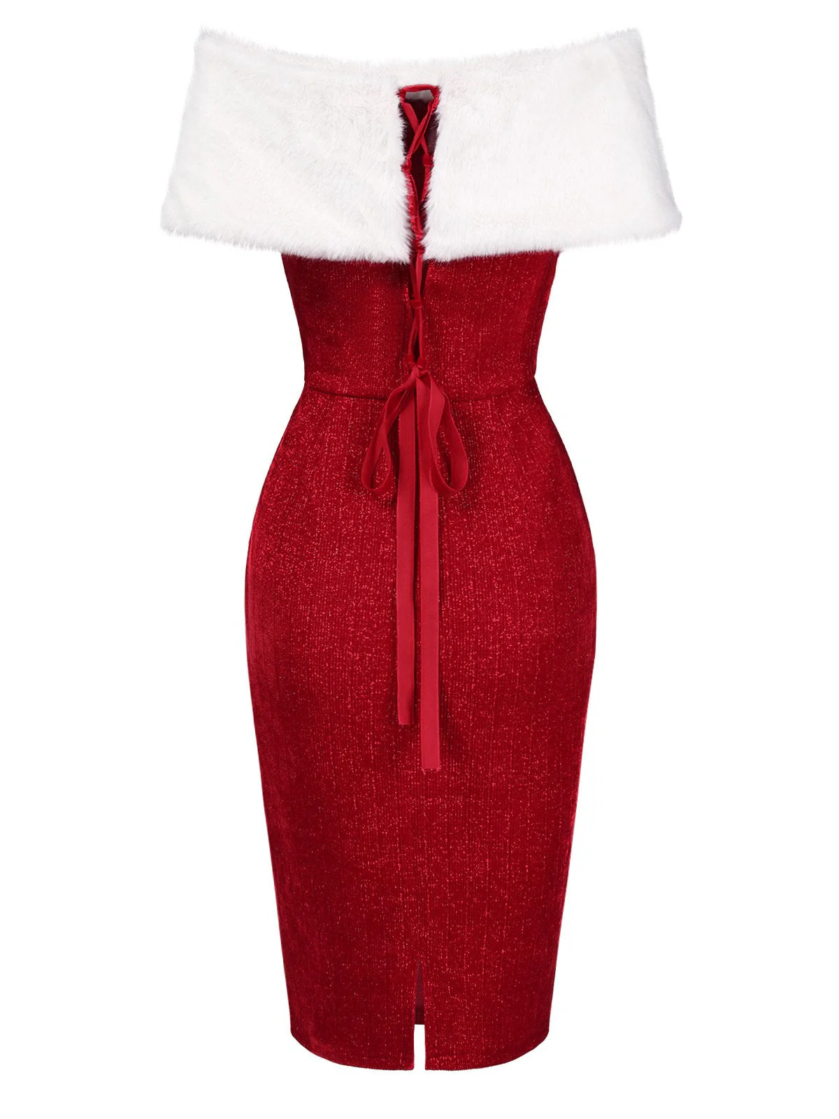Rot 1960er Kunstpelz Schulterfrei Kleid - Image 6