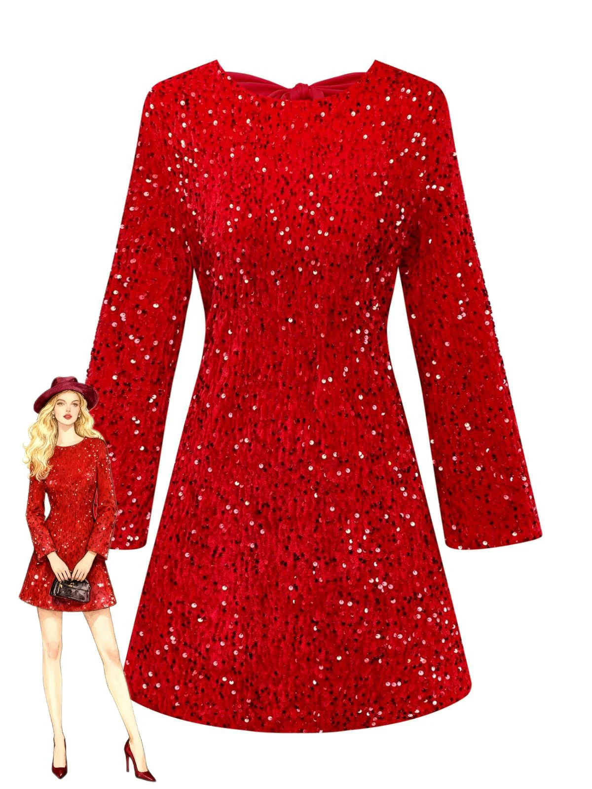 Rot 1960er Pailletten Bogen Rundhals Langarm Kleid