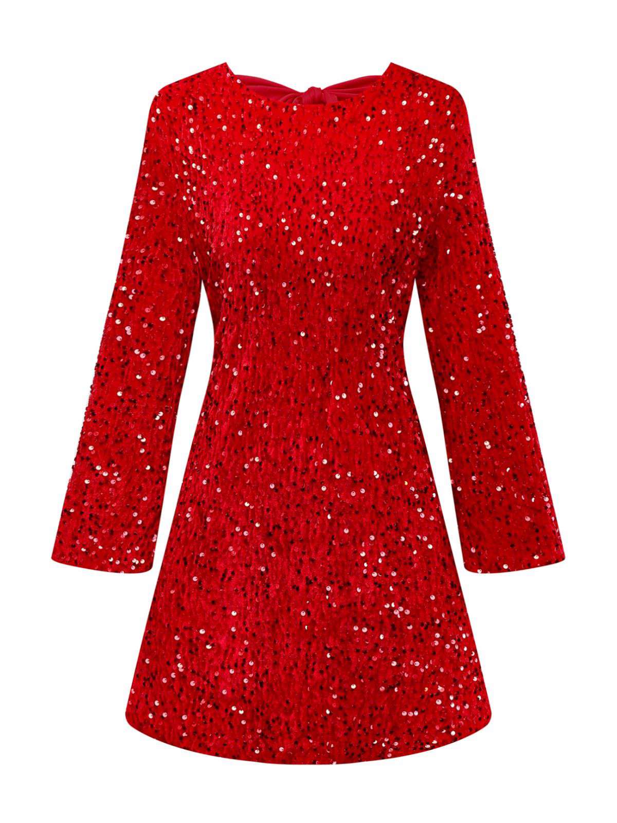 Rot 1960er Pailletten Bogen Rundhals Langarm Kleid - Image 2