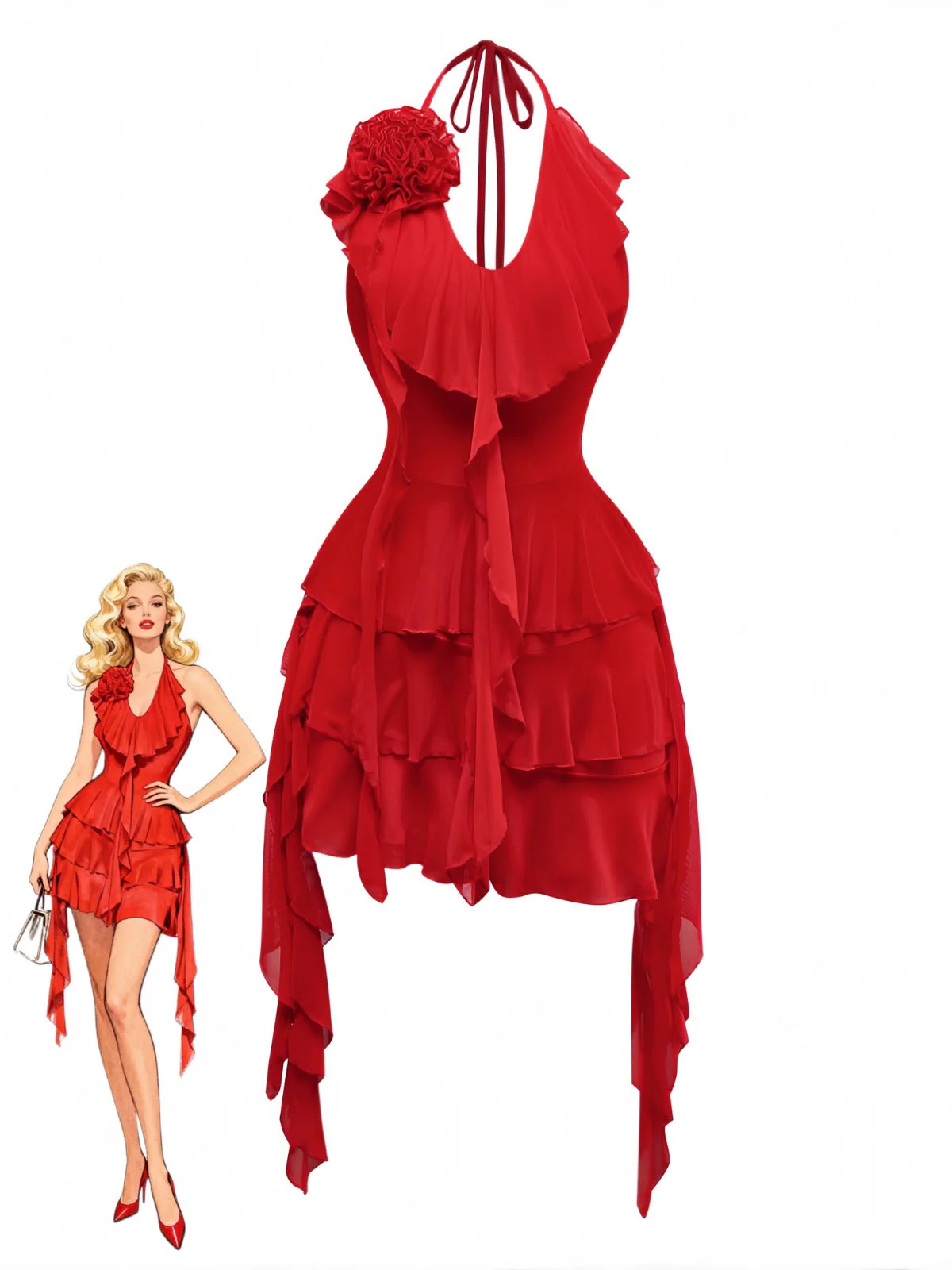 Rot 1960er Rüschen 3D Blumen Schnürung Halter Kleid