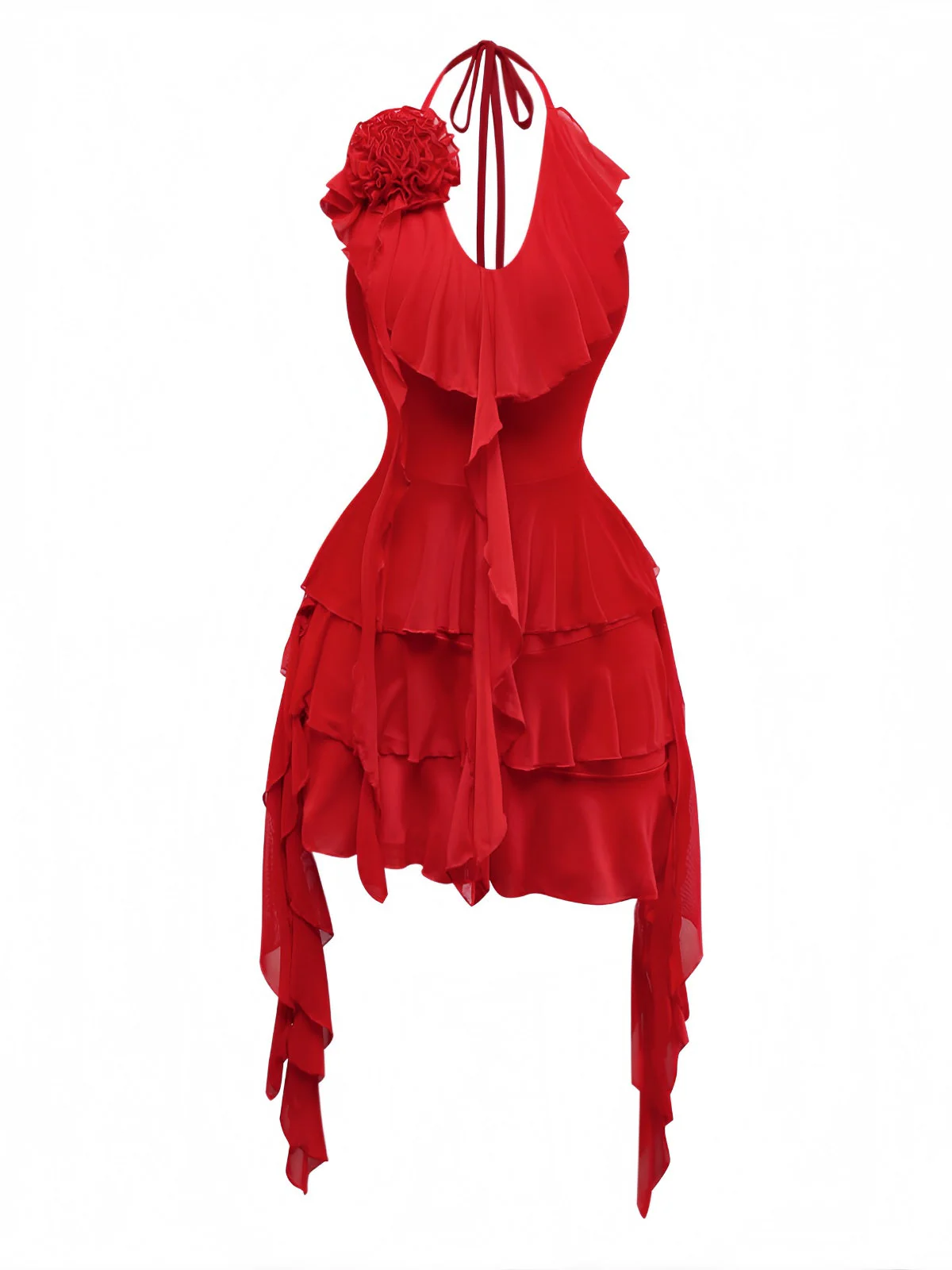 Rot 1960er Rüschen 3D Blumen Schnürung Halter Kleid - Image 2