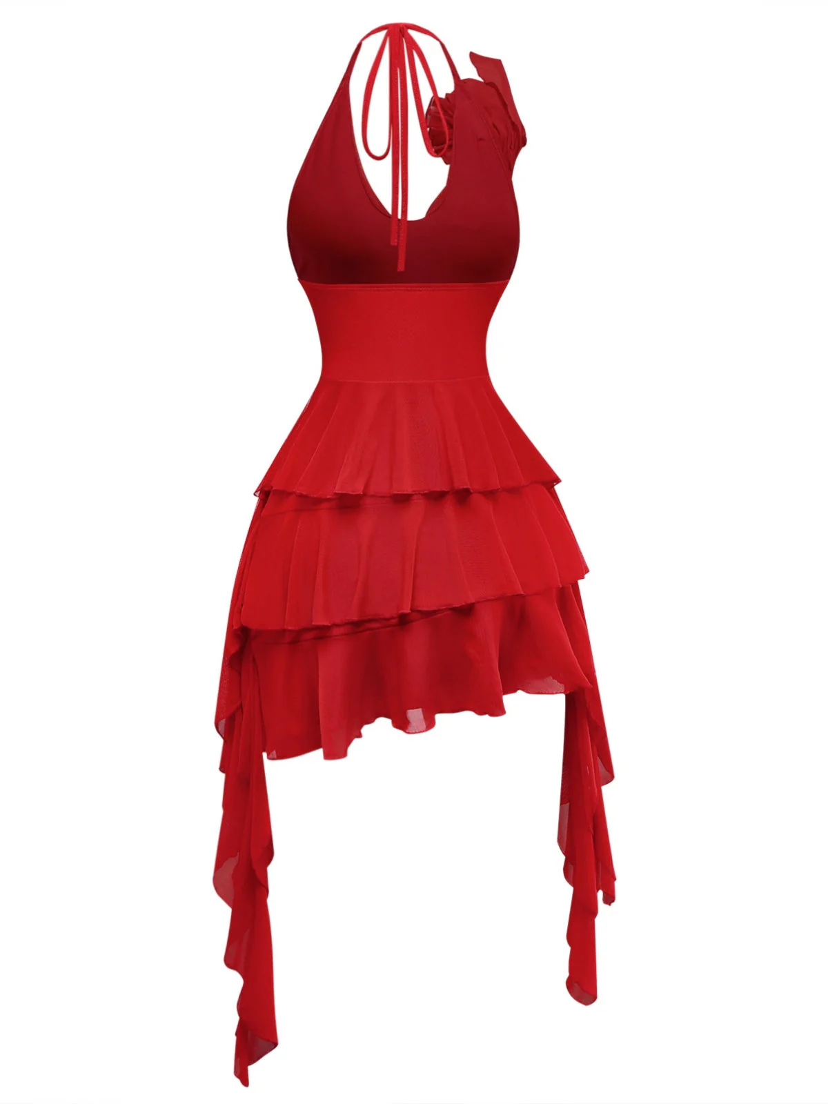 Rot 1960er Rüschen 3D Blumen Schnürung Halter Kleid - Image 3