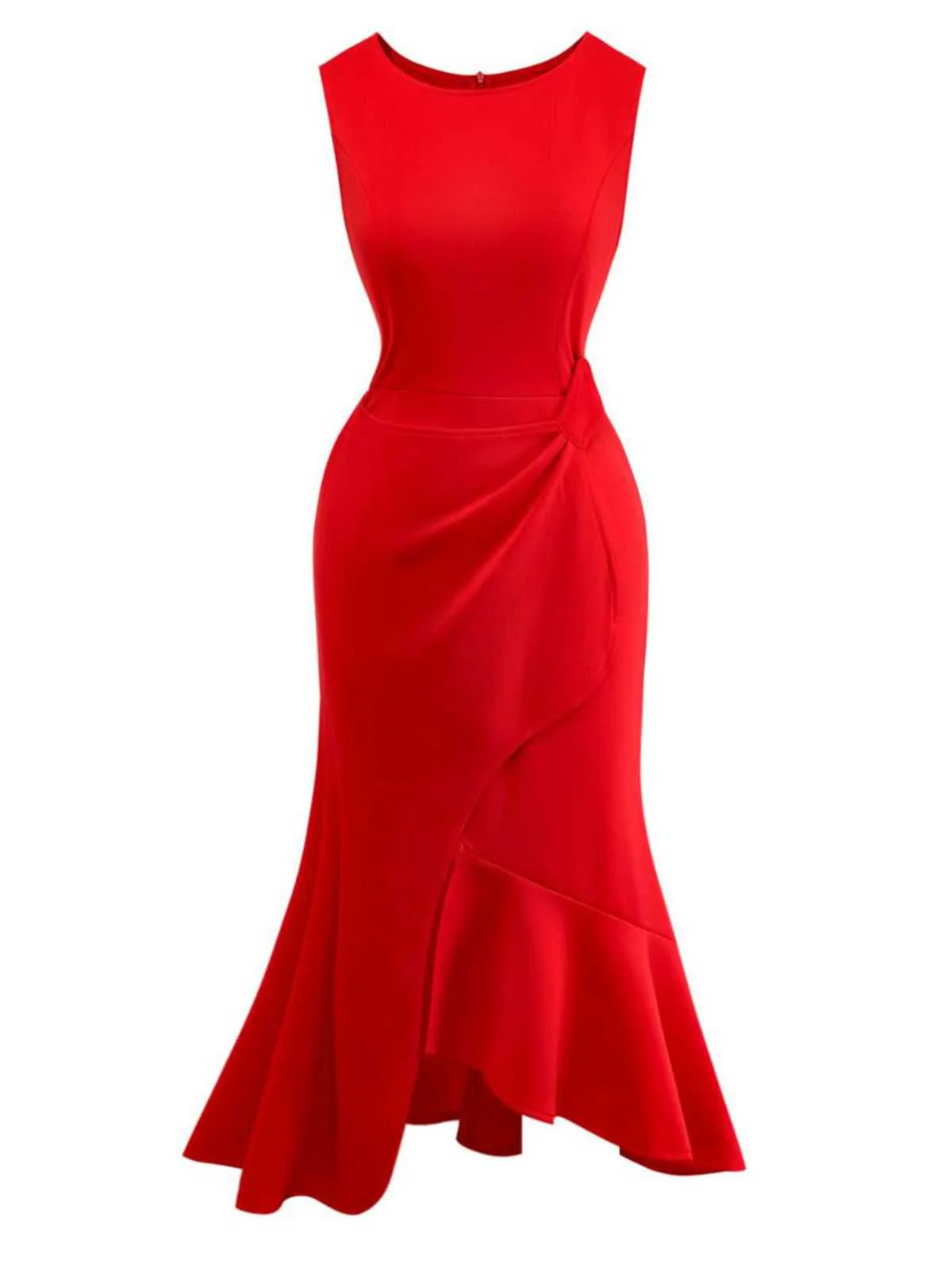 Rot 1960er Rüschensaum Asymmetrisch Ärmellos Kleid - Image 2