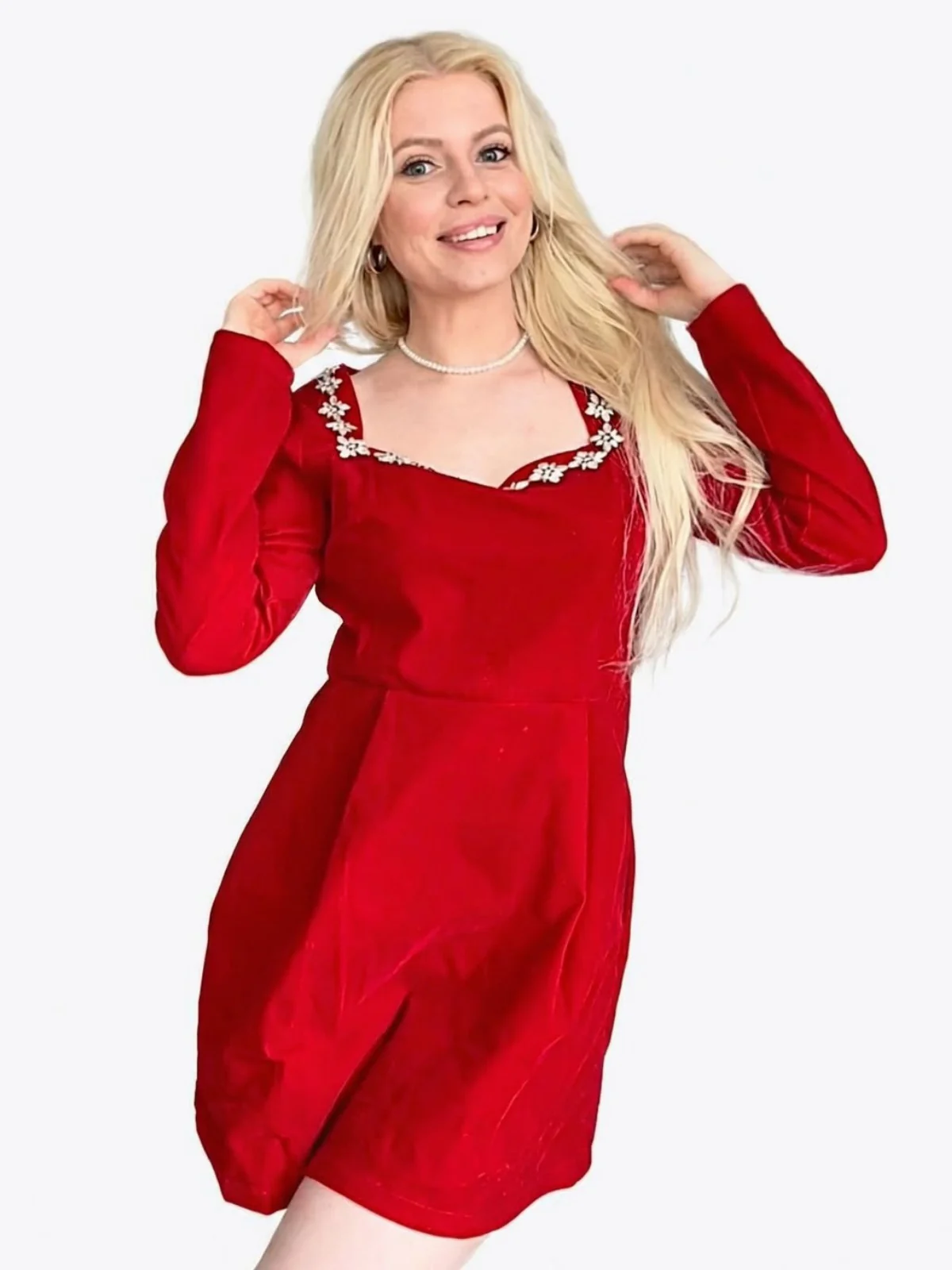 Rot 1960er Samt Diamant Quadrat Hals Kleid - Image 2