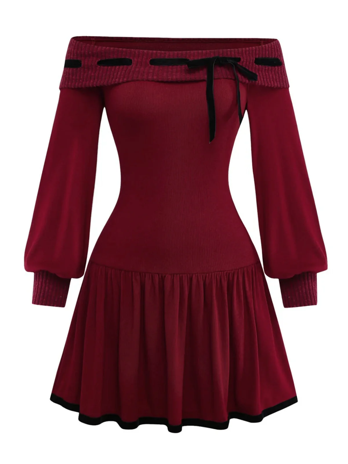 Rot 1960er Schulterfrei Bogen Stricken Laternenärmel Kleid - Image 2