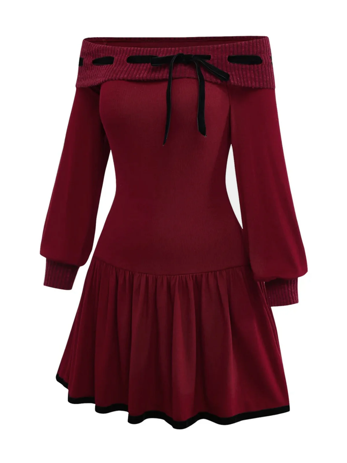 Rot 1960er Schulterfrei Bogen Stricken Laternenärmel Kleid - Image 3