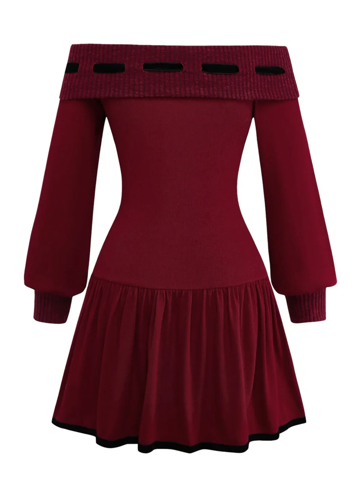 Rot 1960er Schulterfrei Bogen Stricken Laternenärmel Kleid - Image 4