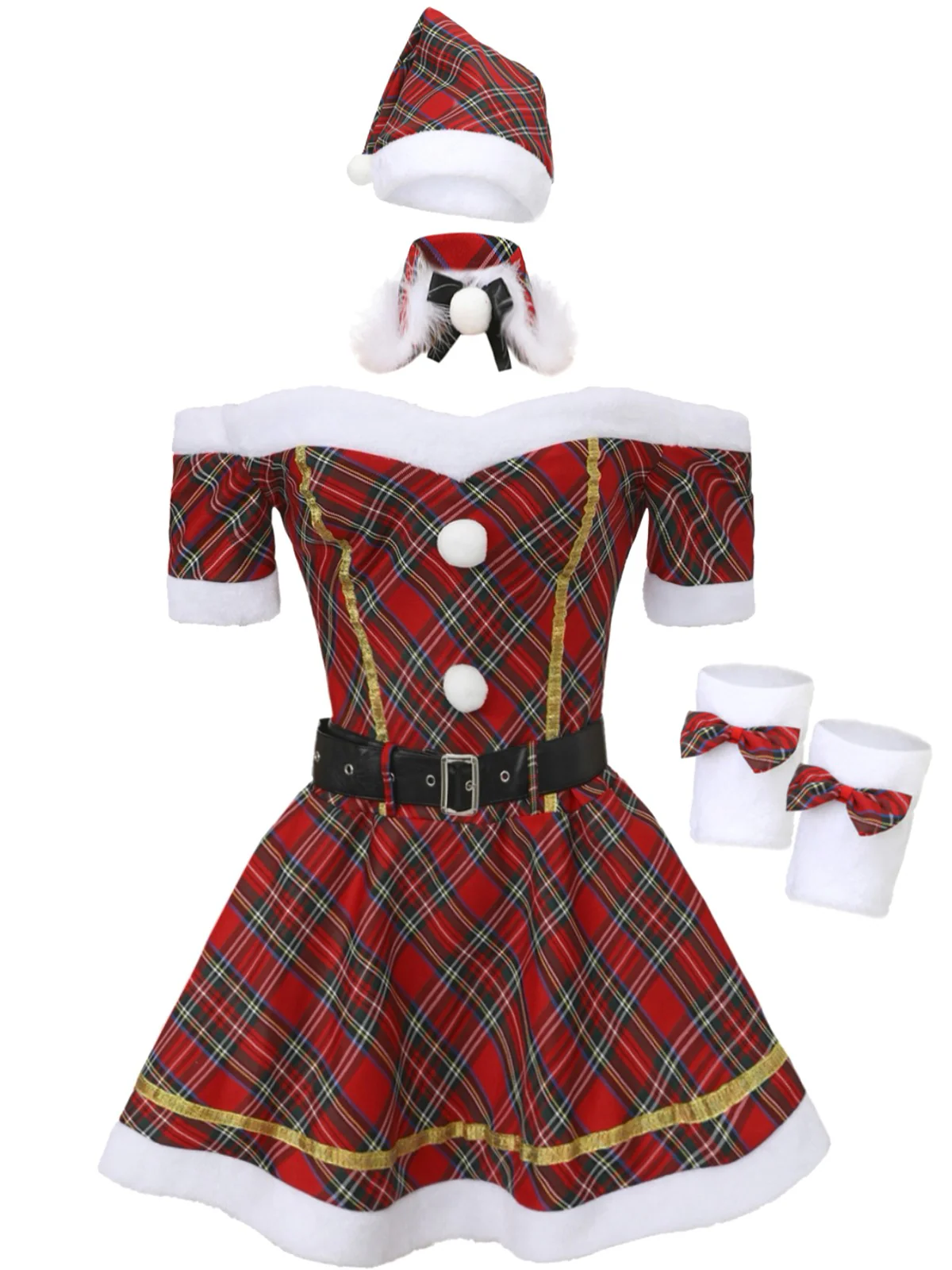 Rot 1960er Schulterfrei Plaid Weihnachten Kleid Set - Image 2