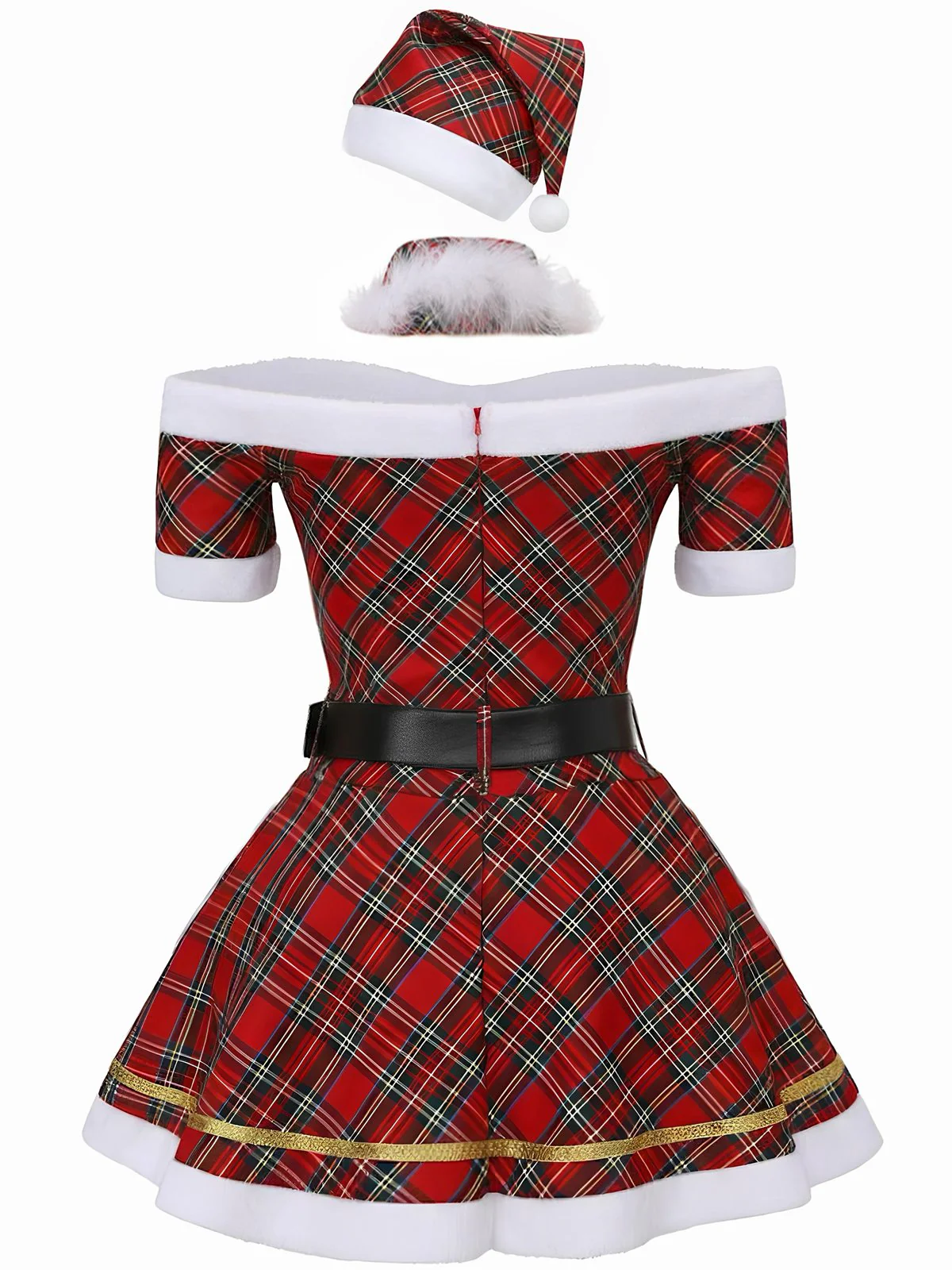 Rot 1960er Schulterfrei Plaid Weihnachten Kleid Set - Image 3