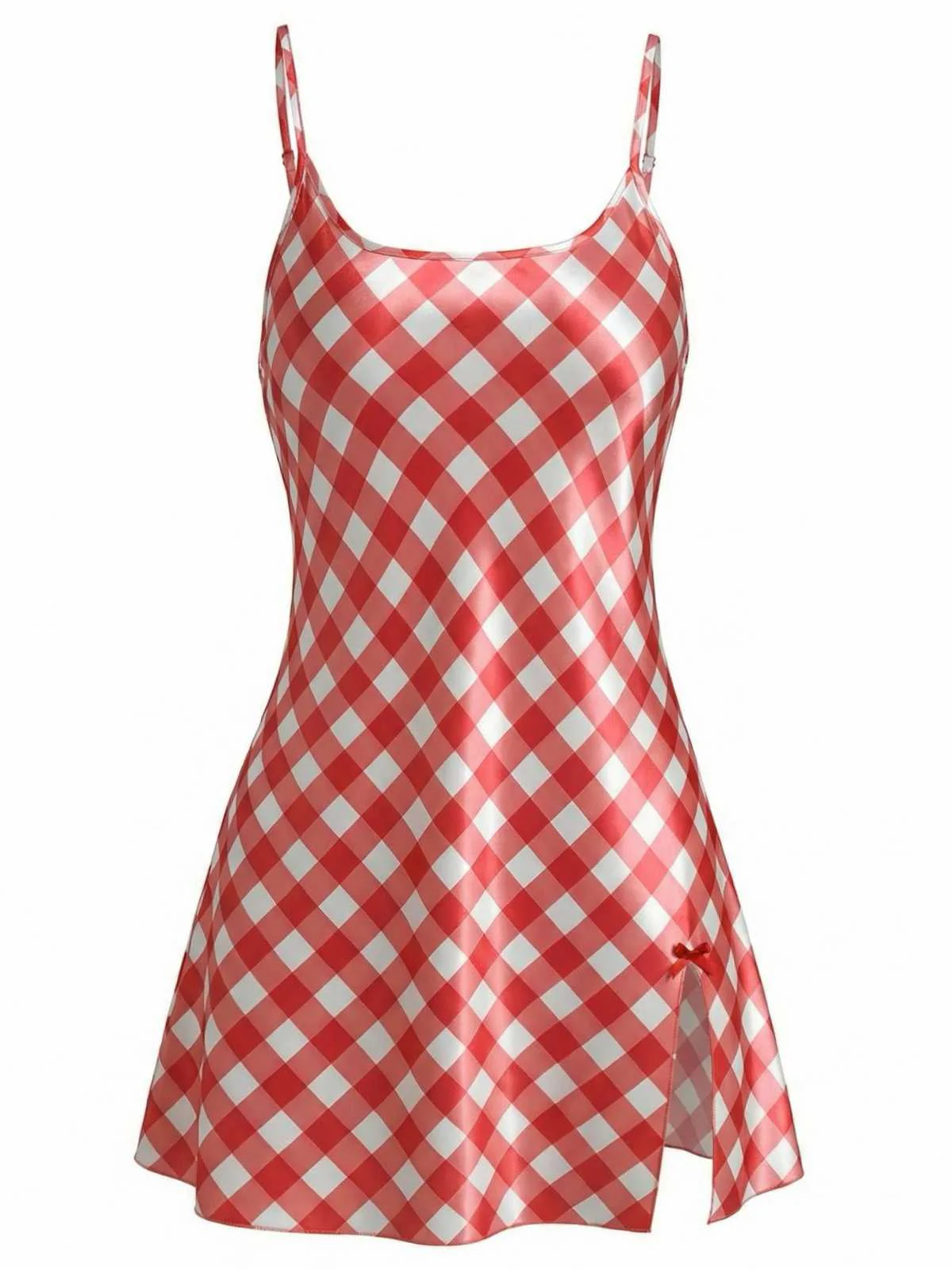 Rot 1960er Slip Satin Vichy-Karo Seiten Schlitz Nachthemd - Image 2