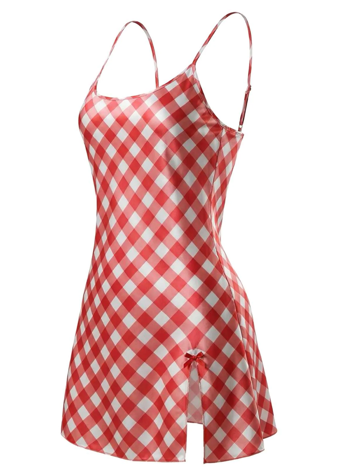 Rot 1960er Slip Satin Vichy-Karo Seiten Schlitz Nachthemd - Image 3