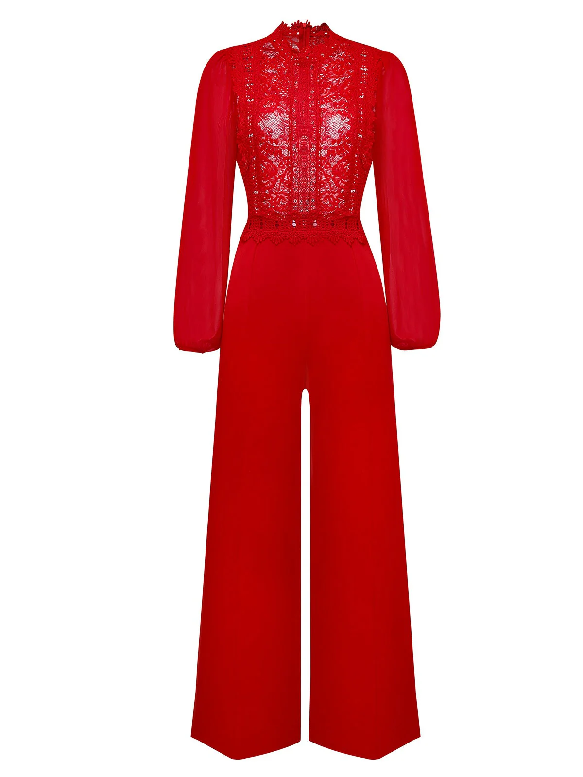 Rot 1960er Solide Durchsichtig Spitze Langarm Jumpsuit - Image 2
