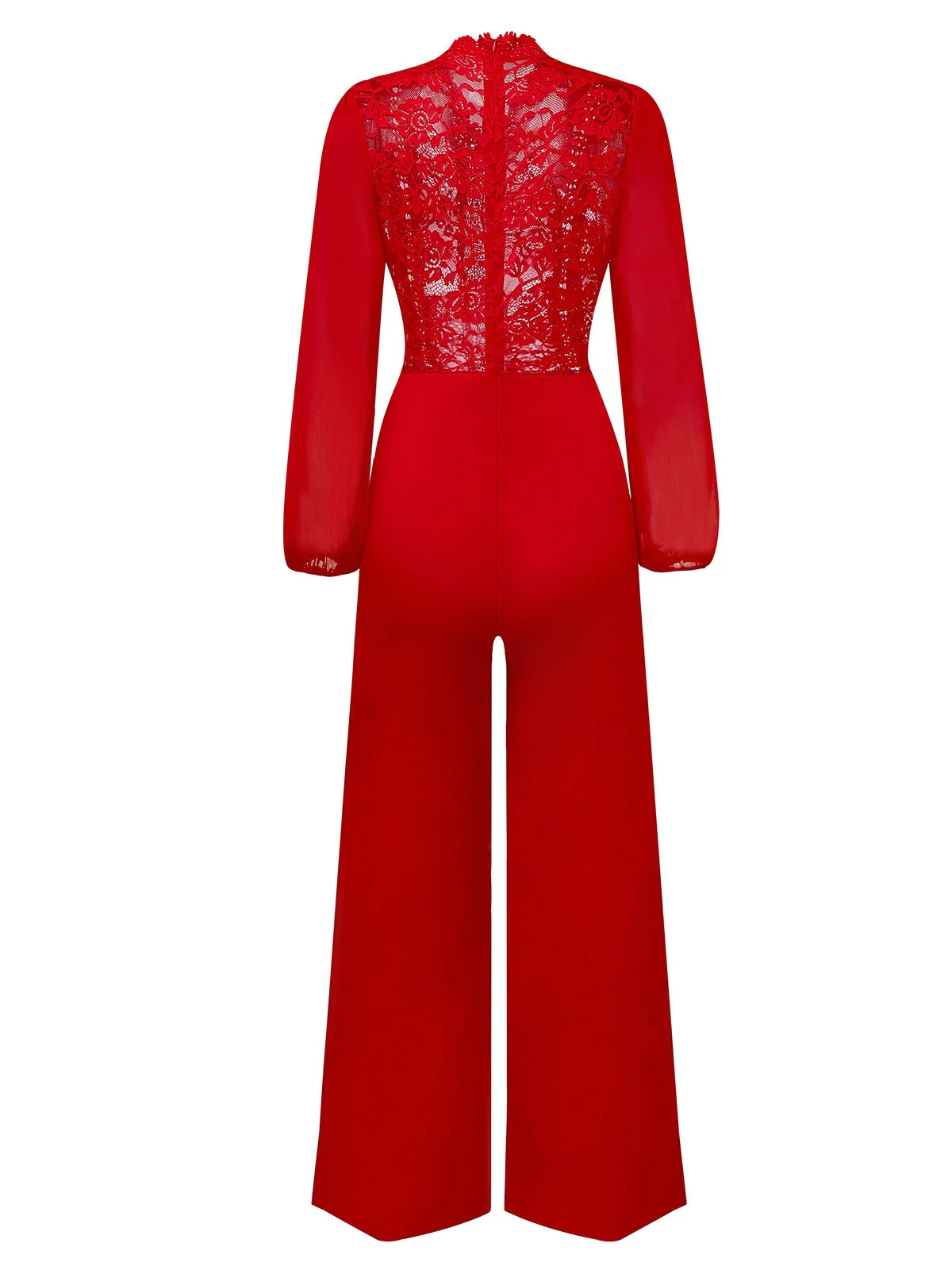 Rot 1960er Solide Durchsichtig Spitze Langarm Jumpsuit - Image 3