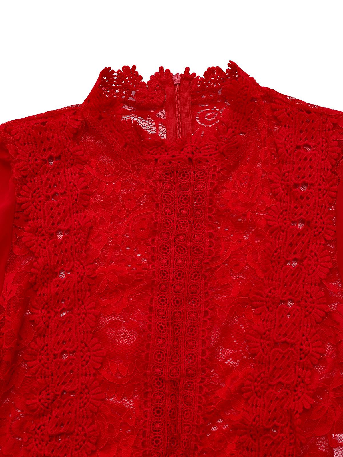 Rot 1960er Solide Durchsichtig Spitze Langarm Jumpsuit - Image 4