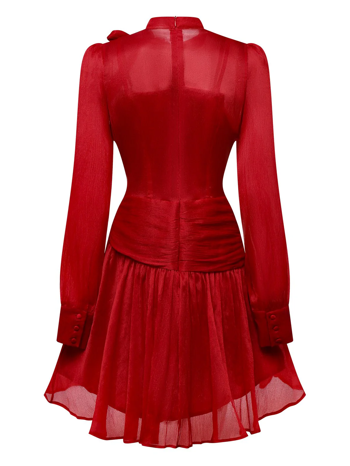 Rot 1960er Solide Gerüschtes Krawattenhals Langarm Kleid - Image 2