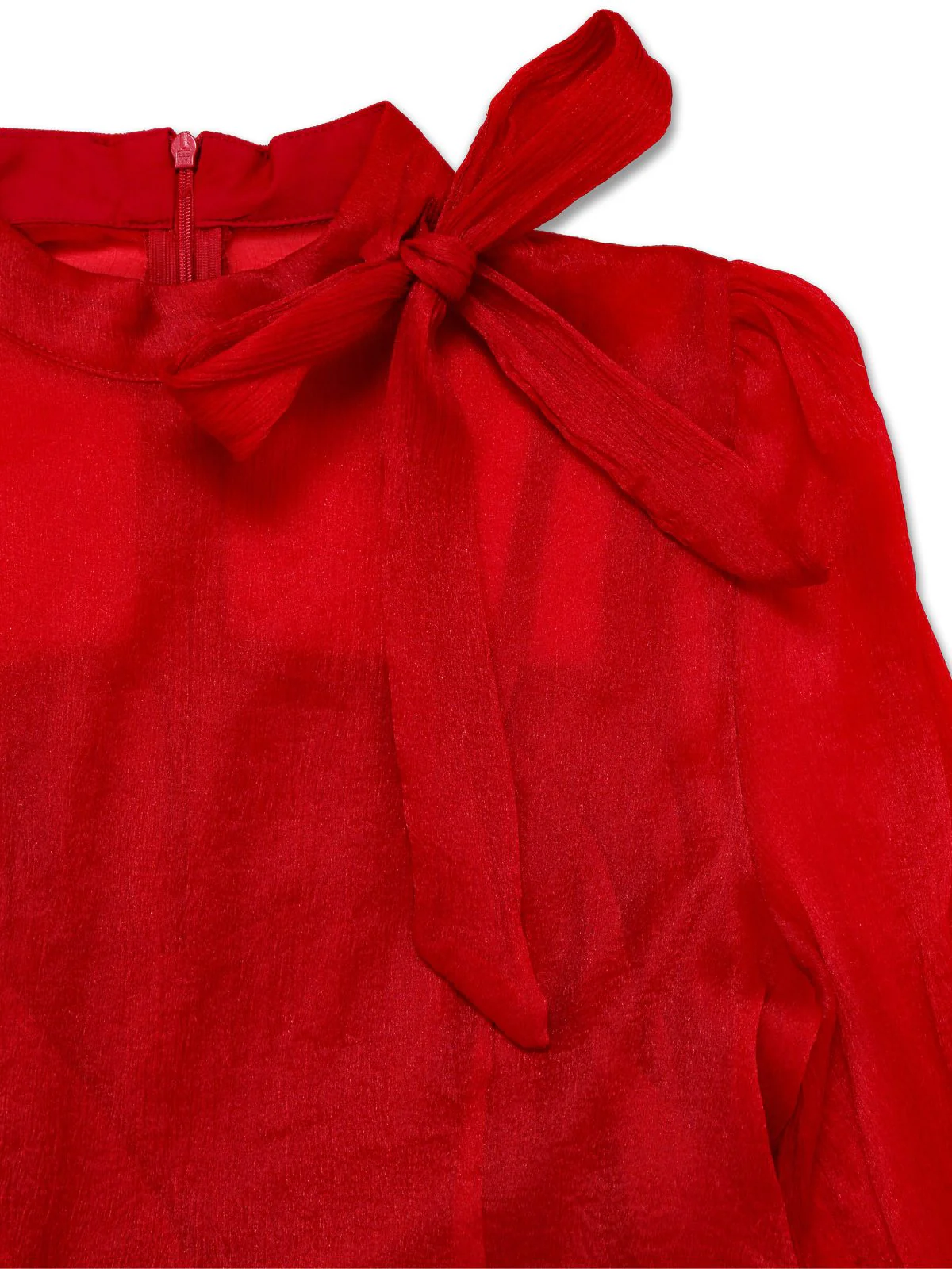 Rot 1960er Solide Gerüschtes Krawattenhals Langarm Kleid - Image 3